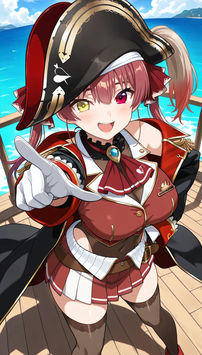 {{{masterpiece}}}, (best quality:1.5), (ultra-detailed:1.5), {illustration}, {{an extremely delicate and beautiful}}, (beautiful detailed eyes:1.6), absurdres, highres, extremely detailed face, 16k, hd, visual anime de uma jovem mulher, extremamente bonito rosto de anime, anime melhor garota, (perfect hands, perfect anatomy), anime face, Houshou Marine(Hololive), marine houshou, 1girl, solo, cute face, long hair, red hair, twintails, hair ribbon, heterochromia, (red eyes:1.3), (yellow eyes:1.1), breasts, large breasts, big hips, curvaceous, BREAK, black bicorne, pirate hat, (black coat:1.2), long coat, long sleeves, off shoulder, red jacket, cropped jacket, sleeveless jacket, leotard, see-through, leotard under clothes, frilled choker, red ascot, white gloves, brown belt, red skirt, miniskirt, pleated skirt, leather belt, black thighhighs, thighs, zettai ryouiki, BREAK, BREAK, pirate, smiling, looking at viewer, open mouth, on a pirate ship deck, standing, (pointing into the distance:1.3), legs apart, flushed cheeks, flash effect, outdoor, on the ship, with a pirate ship, sunshine, from above, (three-quarter view:1.4)