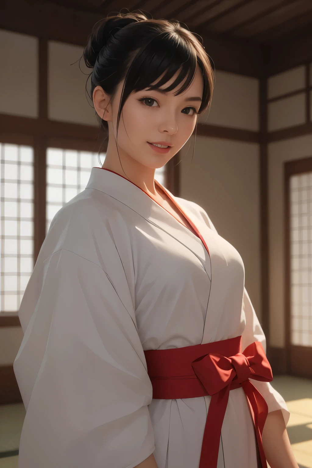 Kunoichi, (highest masterpiece, best quality), Super Detailed, ultra sharp, ultra high definition, 16K octane, cinematic lighting effects, ray tracing, professional camera work in training clothes, charming and dynamic perspective, Unexpected angle, Professional Fashion Model, model photography, one beautiful woman standing next to a building, wearing a beautifully detailed Kunoichi-style kimono, wrapped tightly around her chest, in a traditional Japanese room, holding a sword with both hands on the upper level、in a dynamic pose, In Action, motion capture, dramatic lighting, realistic fabric texture, intricate details on clothing and swords, realistic skin texture, photorealistic, black hair, with a sharp smile and slightly open her mouth, blurry background, drop shadow, Caustics, accurate ratio, cinematic atmosphere with pink pill bottles, stunning composition, focus on the Kunoichi costume, white sarashi, and swords, ((shiny skin)), ((glossy skin))