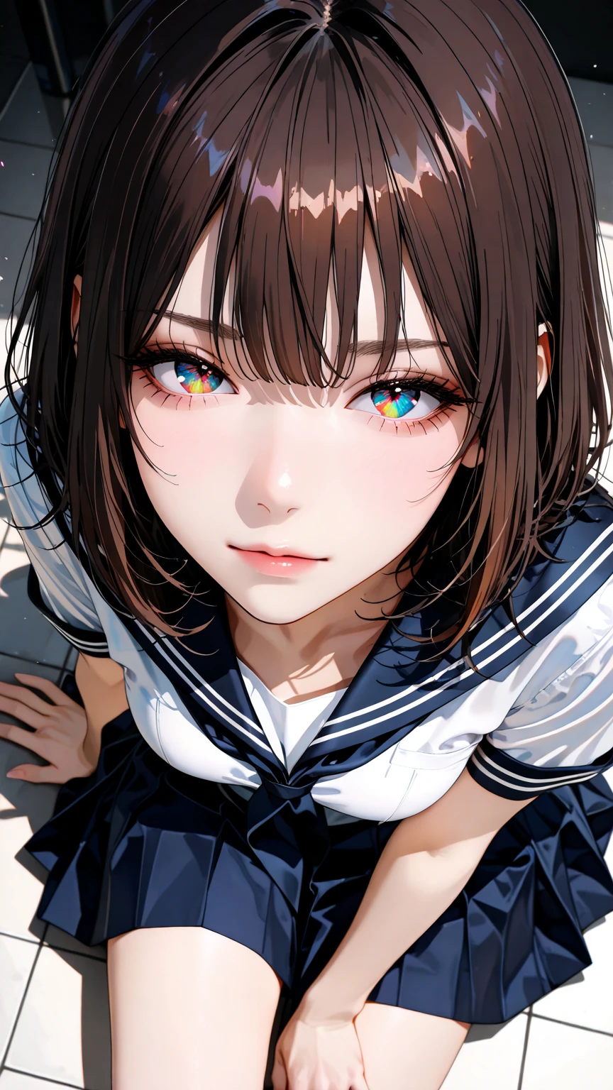 The golden ratio, Proper composition,BEAUTIFUL ILLUSTRATION, (masterpiece, detailed:1.2), maorix,score_9, score_8_up, score_7_up, score_6_up, score_5_up, close-up, Perfect configuration, super quality, 8k, super quality, Beautiful Japanese Women, squinting and, 表情のclose-up, detailed eyes, Rainbow Eyes, Careful iridescent irises, high resolution, big boobs, Clevis, Above Knee Angle , anatomically correct 5 fingers, anatomically correct ratio :1.331, Tiny Head :1.331, dark brown hair, medium hair, short sleeve sailor suit, dark blue skirt, long bangs:1.331, detailed skin, detailed face, Dynamic Poses, The viewer looks up at her,