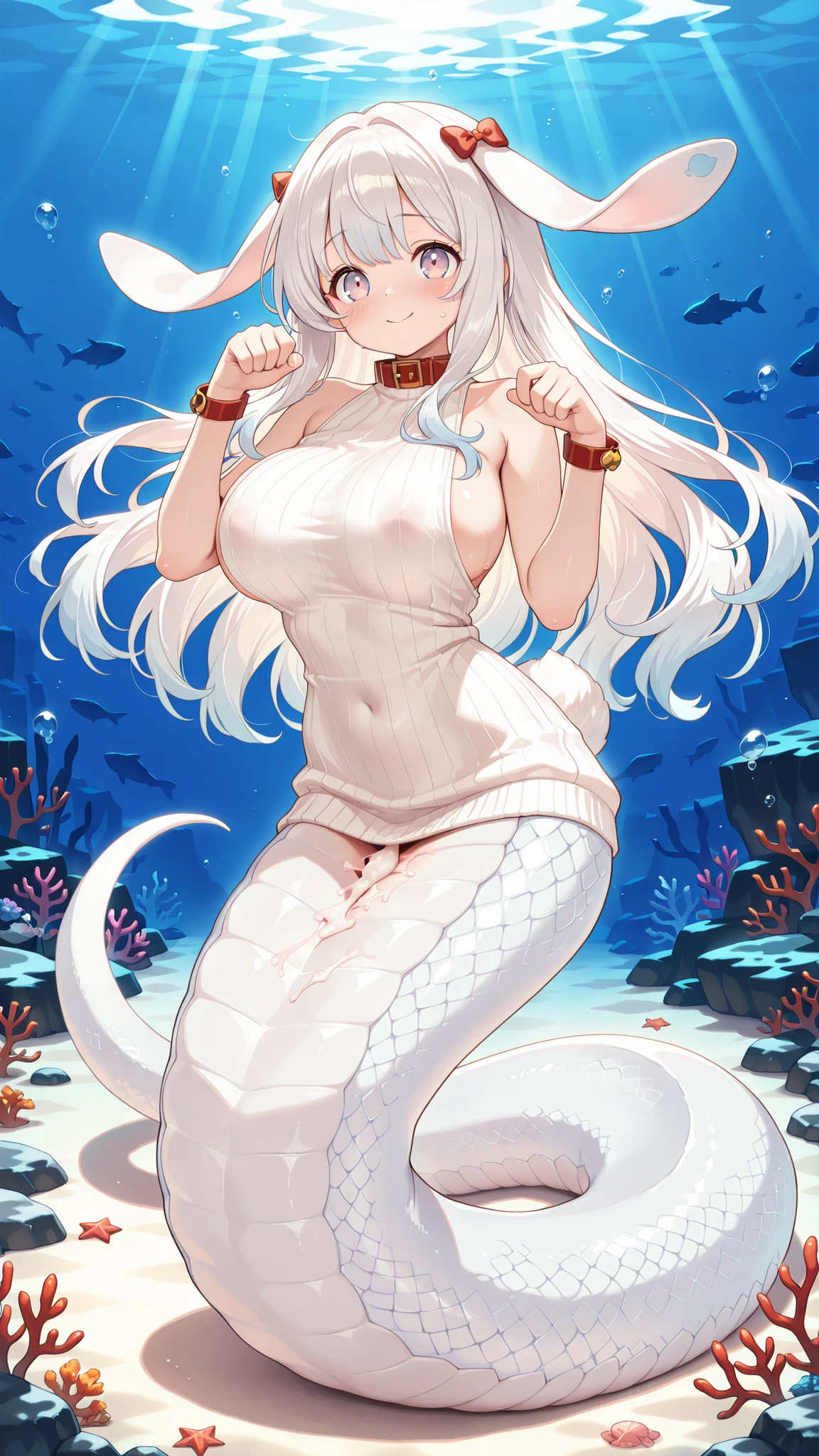 1 female, big boobs,MALICE Pawn March Hare, blush,White hair,White Sleeveless Sweater,Paw Pose,red collar,red bracelet,masterpiece after sex,(Underwater:1.2),seabed,full body photo of the grade,Rabbit ears,masterpiece,Up to,HD,is very beautiful,cute,absurd,(All five fingers ),Beautiful Woman,White snake tail ,lamia,is a white snake tail,Smile,Slightly shy,No legs