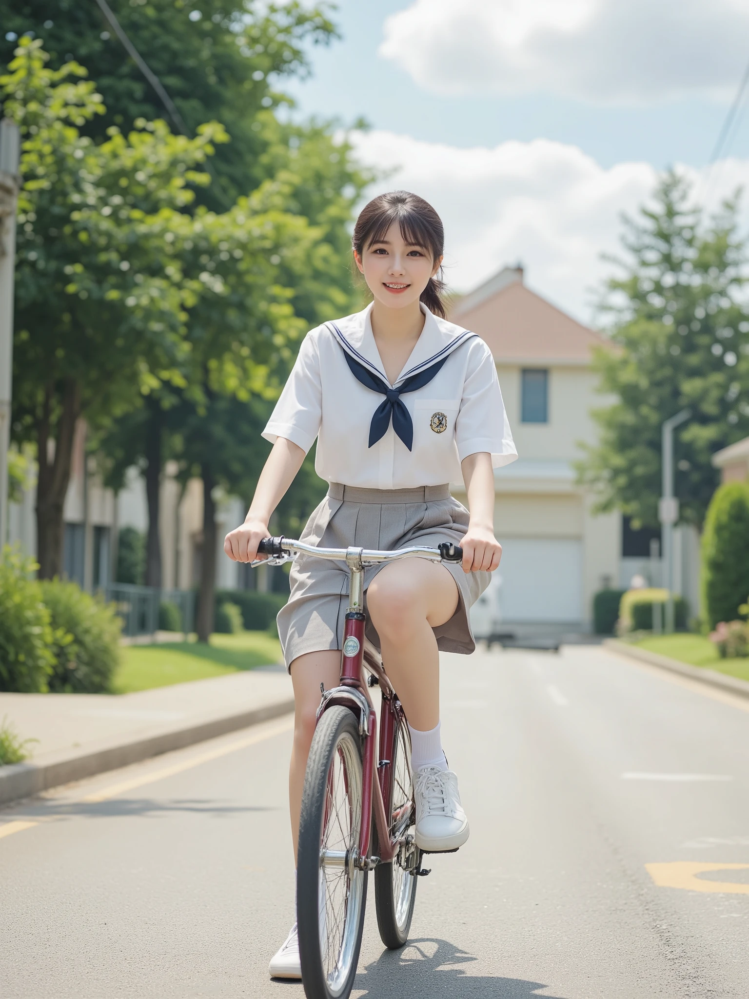 Little girl in uniform riding a bicycle,