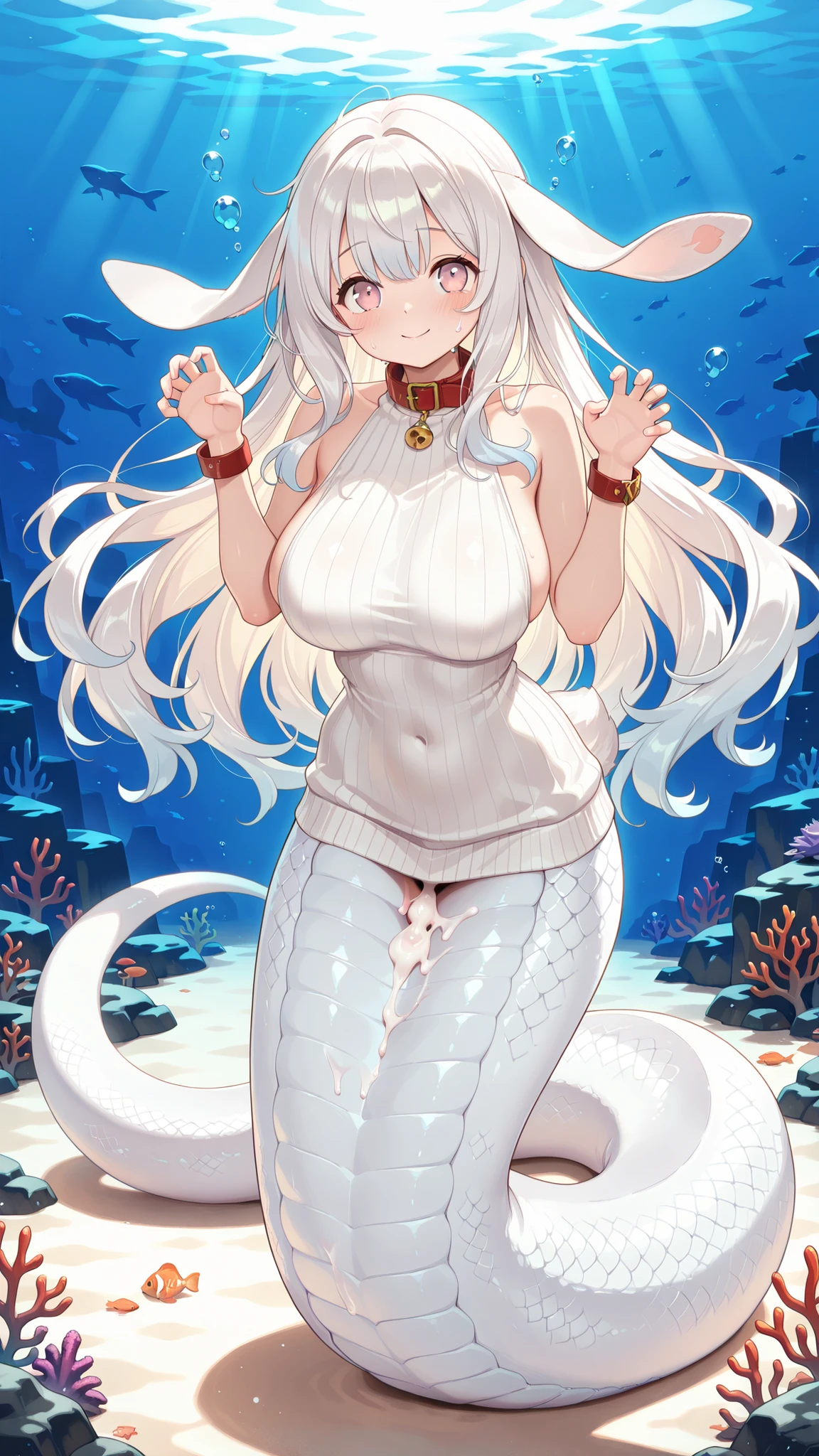 1 female, big boobs,MALICE Pawn March Hare, blush,White hair,White Sleeveless Sweater,Paw Pose,red collar,red bracelet,masterpiece after sex,(Underwater:1.2),seabed,full body photo of the grade,Rabbit ears,masterpiece,Up to,HD,is very beautiful,cute,absurd,(All five fingers ),Beautiful Woman,White snake tail ,lamia,is a white snake tail,Smile,Slightly shy,No legs