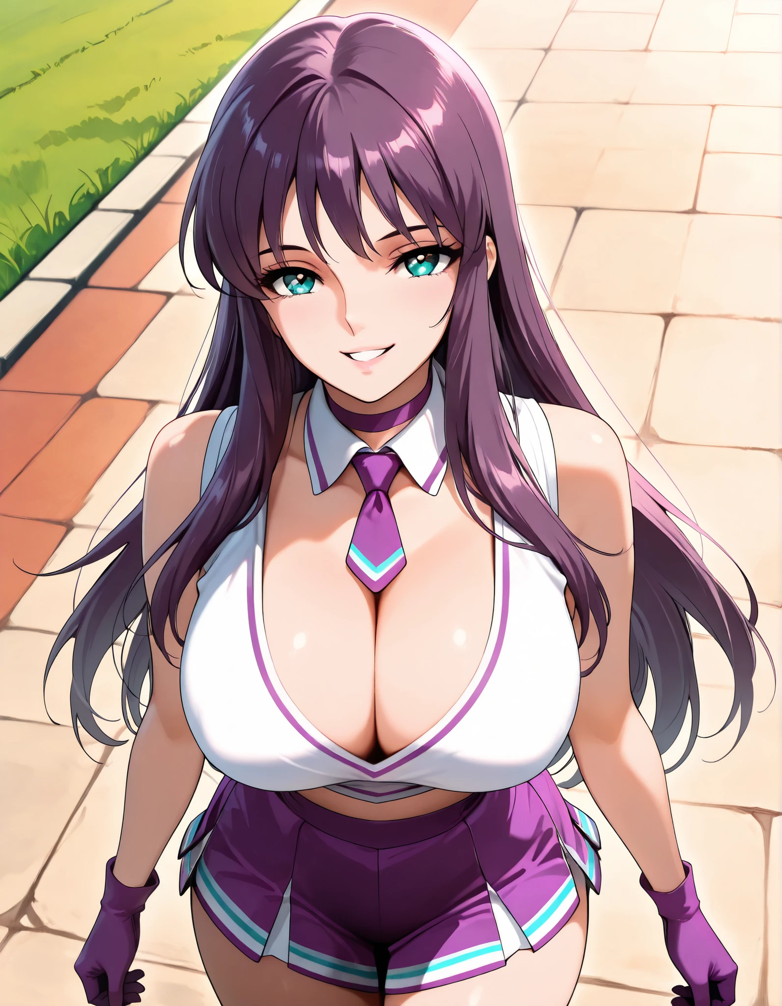 (best quality, masterpiece, ultra detailed, high resolution), Beautiful , tall, score_9, anime style, Masterpiece, best quality, 1girl, purple necktie, solo, Saori kido, athenakido, purple hair, long hair, aqua eyes, bangs, mature female, , ,, , ,, purple choker, detached collar, cleavage, thick thighs, look at viewer, smiling, shoulders, purple gloves, , purple necktie, purple pom-pom, two-tone shirt , white shirt , cheerleader costume, cheerleader , , midriff, shirt tucked in, crop top, oudoors, lawn background, parted lips, from above,