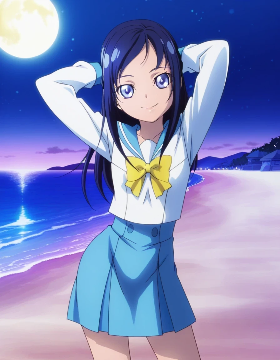 hishikawarikka, sailor collar, school uniform, blue sailor collar, yellow bow , anime screencap, high quality, solo, night sky, beach, hands behind head, ((contrapposto)), closed mouth, cowboy shot, looking at viewer, smile, best quality