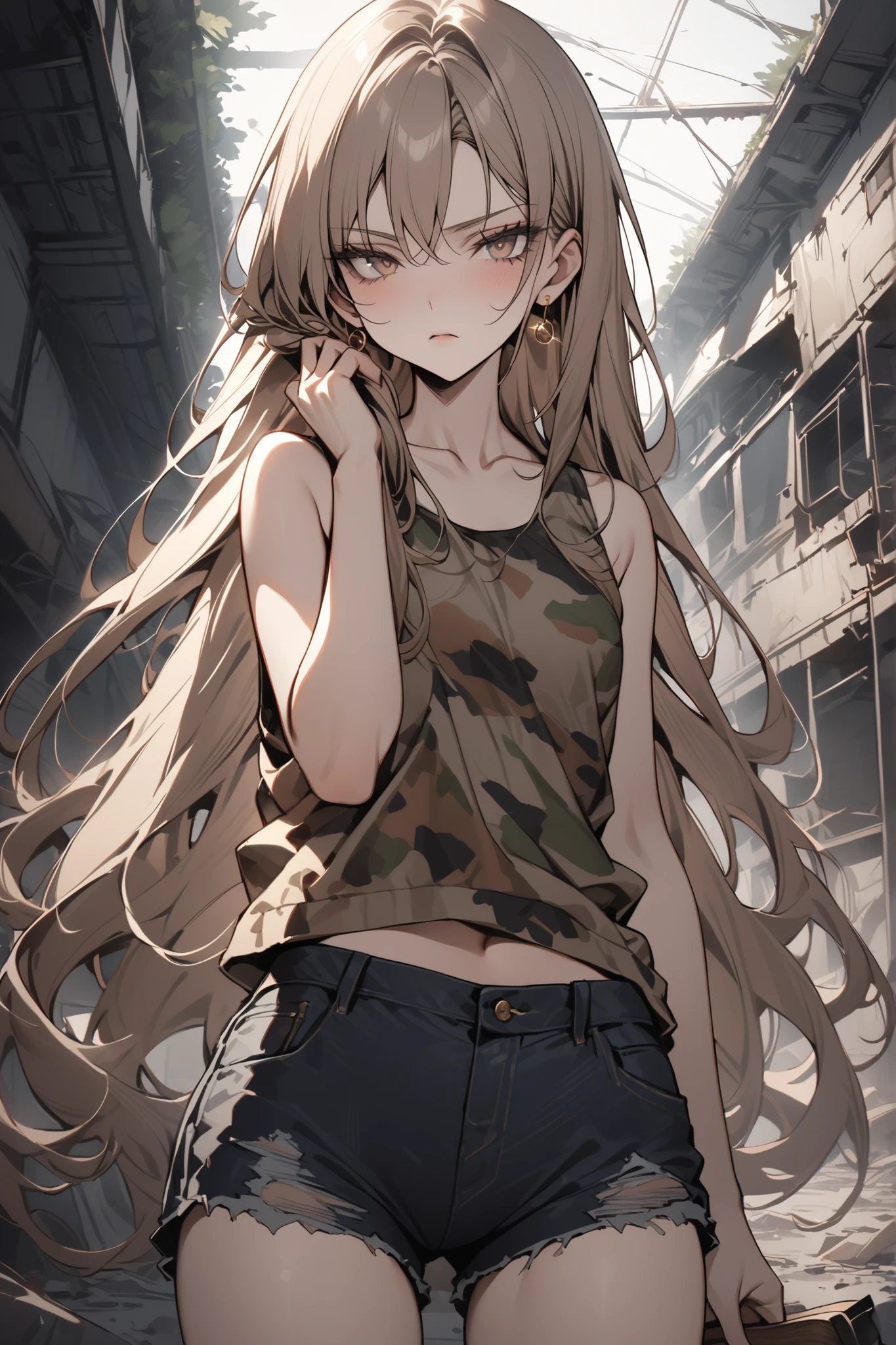 ((masterpiece,Highest Quality:1.2)),(soro),slender,A junior high school girl standing by Nioh while brushing her hair with her hands at an abandoned factory,cowboy shot,beautiful skin,(Thin thighs), light brown very long hair,Perfect brown eyes , tree eyes ,Serious Expressionless,Camouflage Tank Top,black damaged denim shorts,brown sandal heels,Gold Earrings