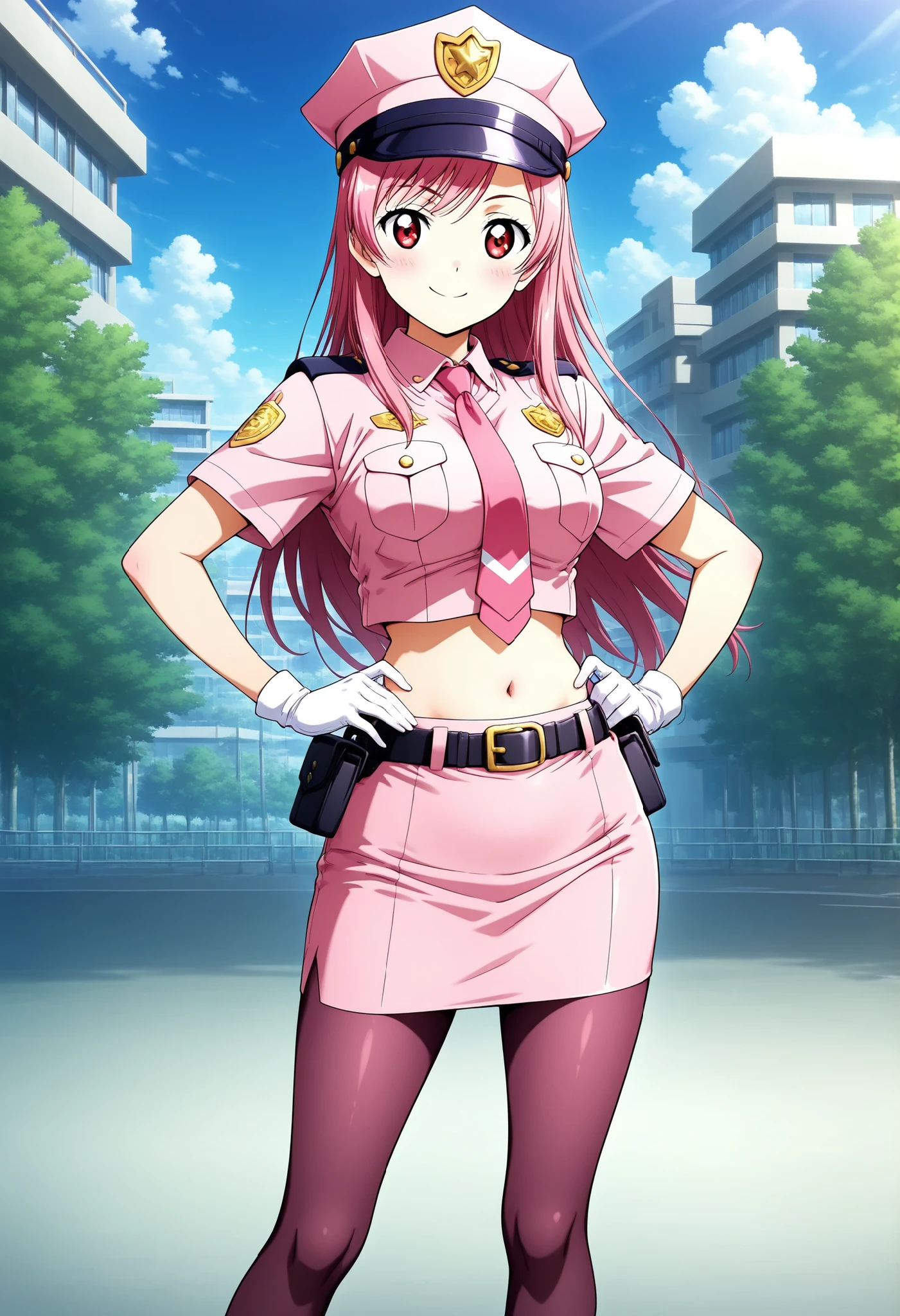 Highest Quality、Otome、shot from the front,high resolution、Upright、(Anime Illustration Style:1.3), One Woman、solo、Otome Ieyasu.orijinaru, pink police uniform, Crop Top, midriff, belly button, pink miniskirt, pink pencil skirt, pantyhose, pink police hat , pink tie, belt, pink hair, long hair, Red eyes, smile,