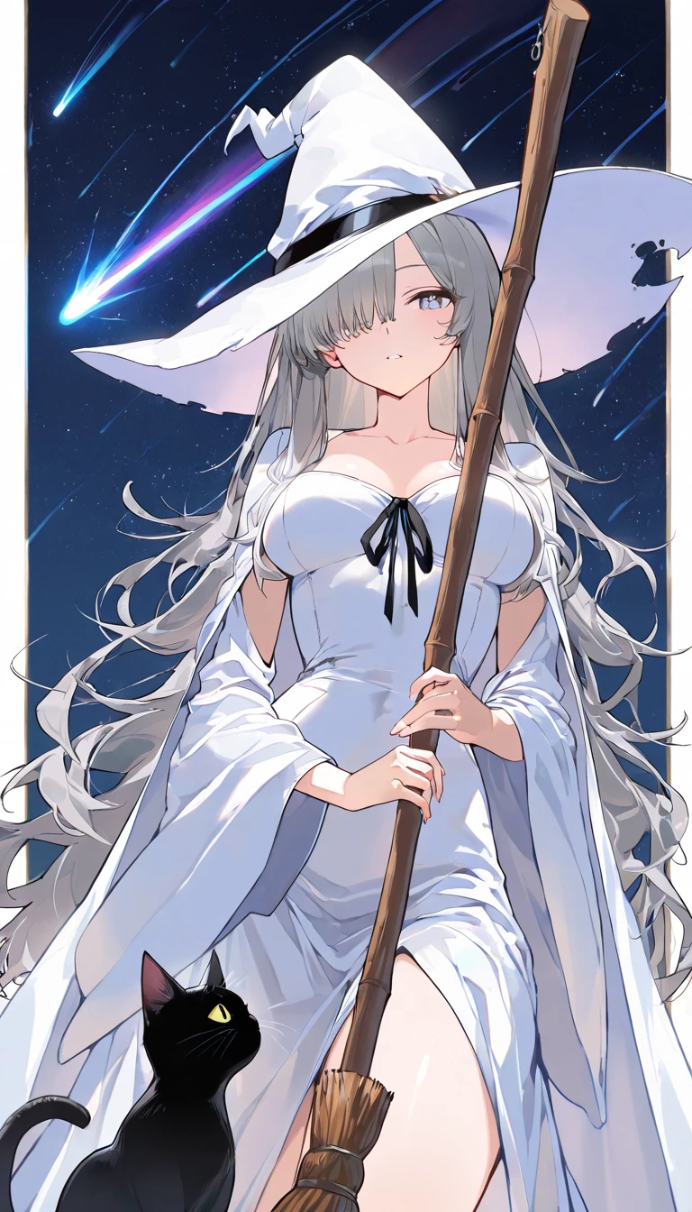 (Beautiful Girl : 1.3),1 girl,(ARW),(White Witch,White Witchの帽子,black ribbon tie),gray hair,long hair,Hair Over One Eye,No expression,Inner thighs,Lots of Black Cats,holds a broom,starry sky,meteor,Mikazuki,Particles of Light,Dynamic Angle,masterpiece,Highest Quality,rich contrast,high image quality,8k,High Definition CG Unit Wallpaper,texture,unbelievably absurd,RAW pictures,Deep Border 1 .2,very detailed