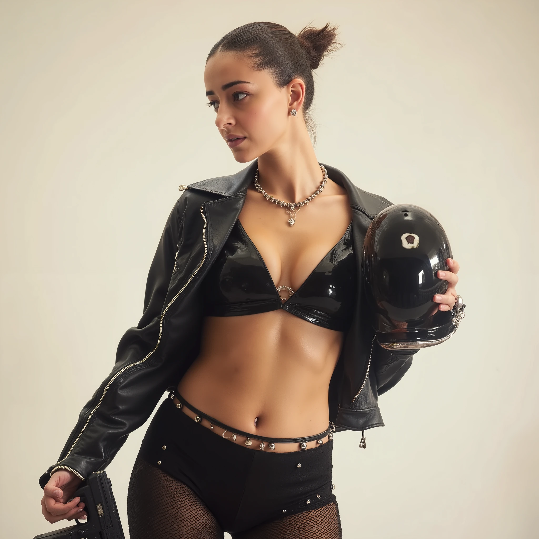 Petite Young woman,  21years old, wearing a tight short crop black latex jacket, cropped latex top showing her massive cleavage, and ultra low waist skin tight black latex pants, showing her curves,  with her navel and  stomach visible.  Netting accents are visible in the pants.  All her clothes are tight and skin hugging. Black motorcycle helmet held casually in her hand.  A pistol is held in her other hand.  Expression is scared. Her hair is tied in a bun.  Body language and facial features show a scared expressions.  The background is a blurred, soft focus ,off-white colors.  Soft, studio lighting highlights her figure.  The image has a cool, dynamic, and urban style; possibly inspired by action film or graphic novels.    Composition is centered on the subject, angled slightly to the viewer's right.  The lighting and focus create a dramatic effect.  The overall mood is cool, edgy, and fashion-forward.  The image's style is contemporary and fashion-oriented.