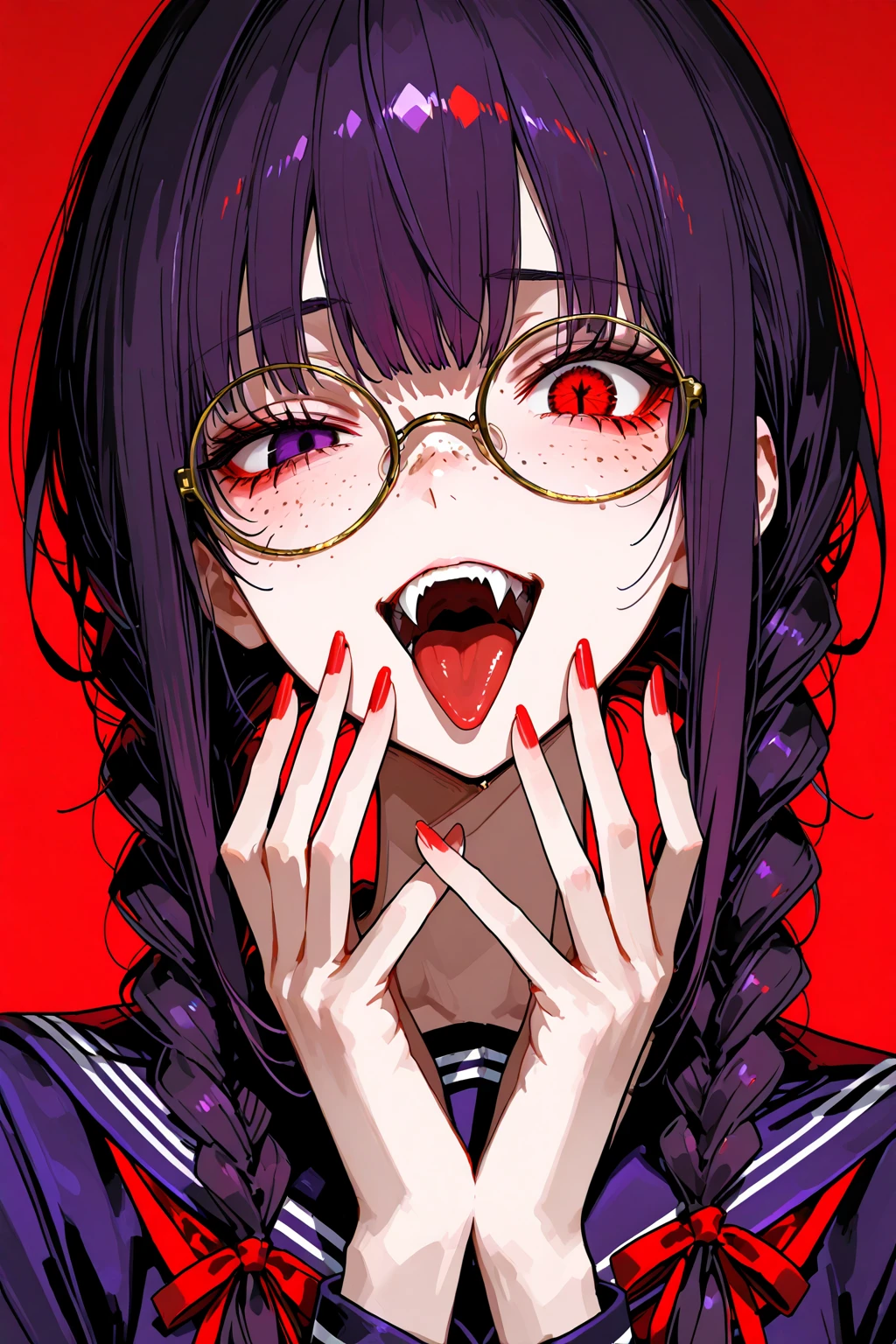 1girl, Literary Girl、twin braided hair、Round glasses、freckles、(completely asymmetrical odd-eye、golden holy right eye、evil red-black left eye)、open your mouth and show one fangs、tongue with your hand、Dark Purple School Uniform、Sailor suit 、red ribbon。evil expression。close-up。Full Frontal Portrait。evil red background、 don't show hands composition