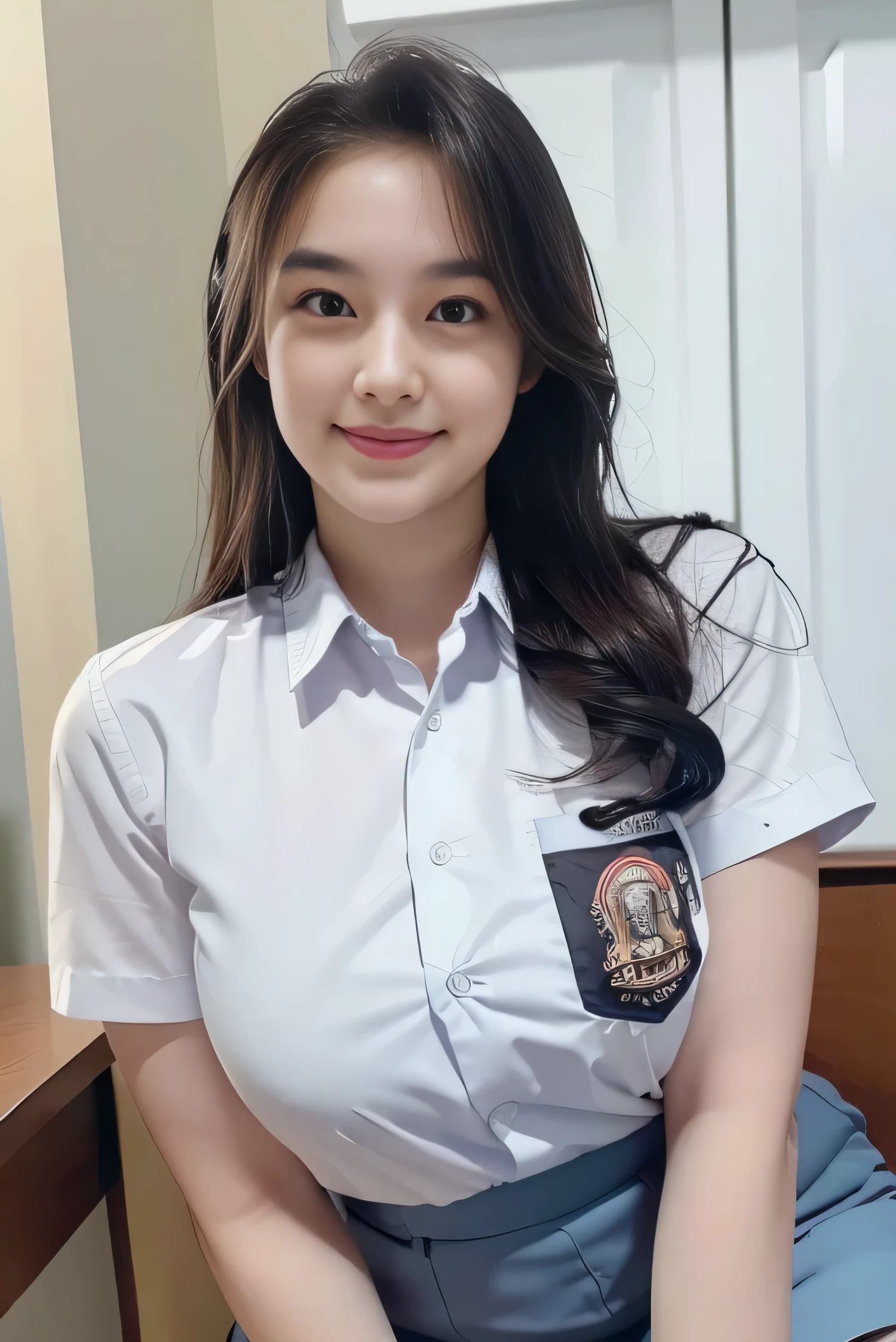 1girl, solo, 19 years old, (uniform), detailed Metropolitan city at the background, portrait, semi-thick breasts, semi-curvy body, smooth realistic skin, cute smile, white shirt, grey blue short skirt, looking at the audience, high angle shot,(8k, RAW photo, best quality, masterpiece: 1.3), (realistic, realistic: 1.37), ultra-high resolution, cowboy shot