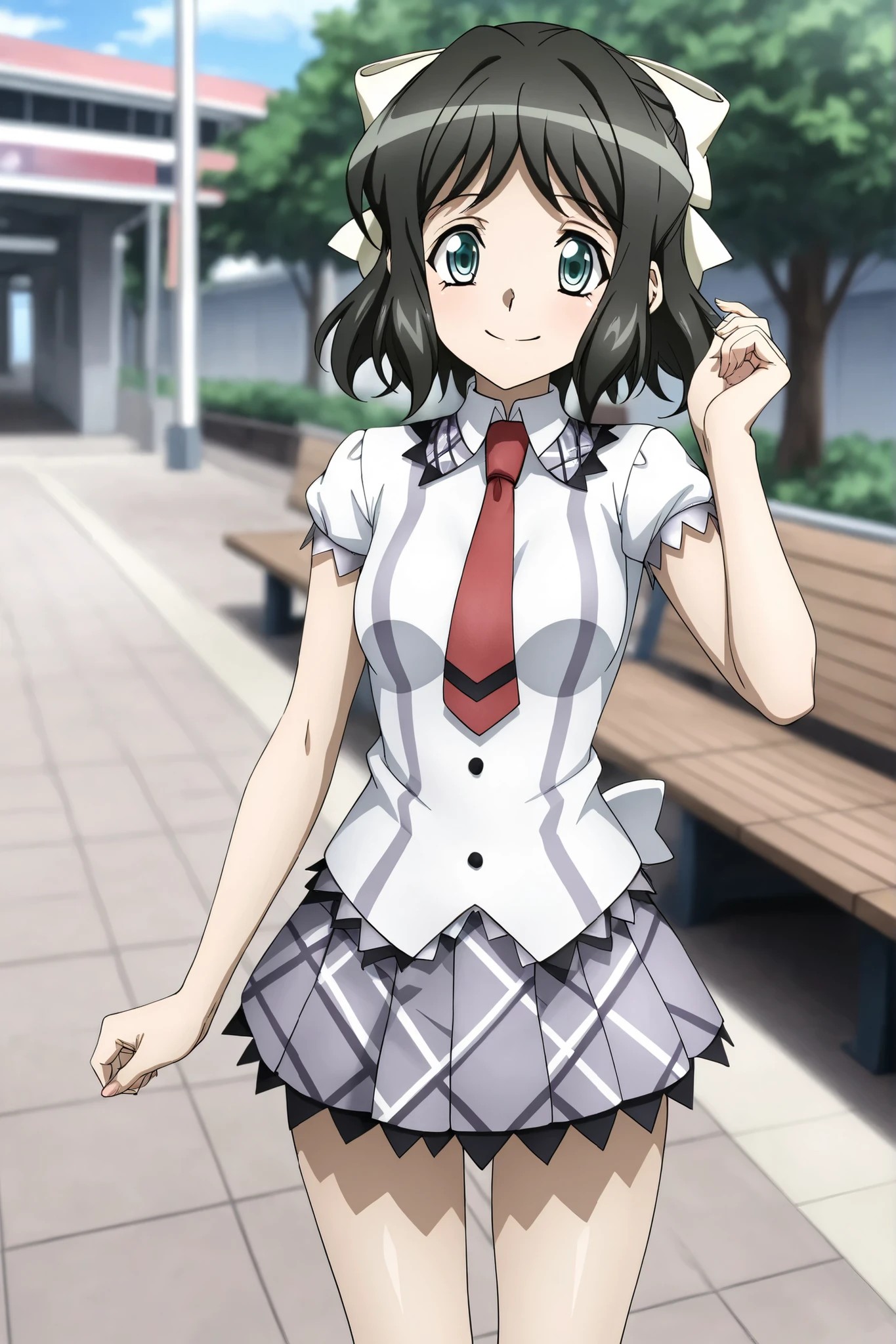 smile,solo,Station platform, outdoors 、symphogear,kohinata miku,Shining Contours、アウトドア立ちポーズ、可愛い、school_uniform, shirt, short_sleeves, pleated_skirt, red_necktie,スカートを持つ、何も持たない