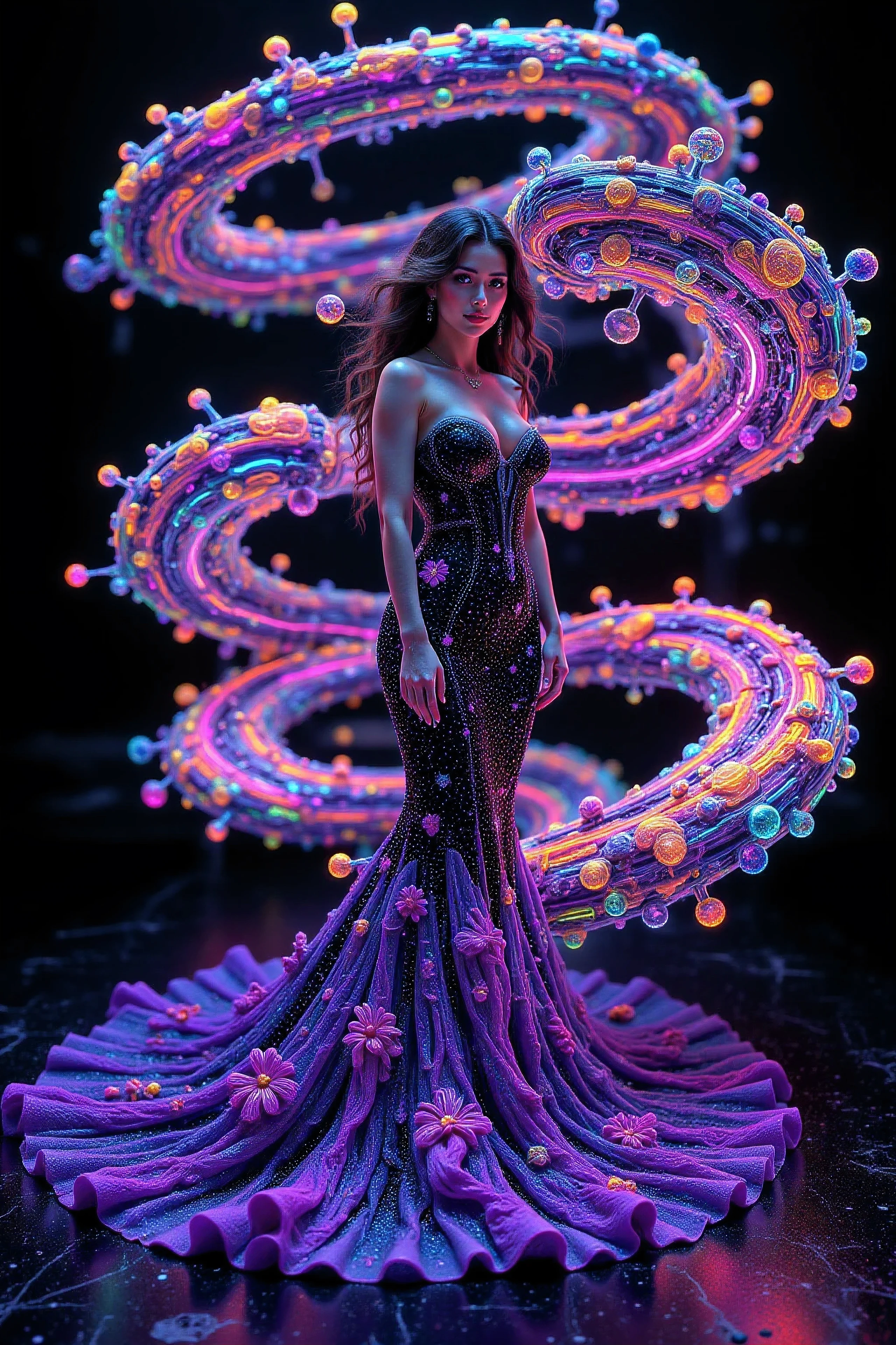 Futuristic 1(best quality,4k,8k,highres,masterpiece:1.2), photorealistic,photo-realistic:1.37)mad-srgns, highly detailed futuristic cybercity, towering skyscrapers with large media screens, gleaming metal and glass buildings, neon lights illuminating the cityscape, flying vehicles soaring through the air, advanced technology and holographic displays, massive bridges connecting the structures, bustling streets filled with pedestrians and autonomous cars, lush greenery and parks interspersed between the modern architecture. Out of nowhere, a giant war spacecraft comes into view and starts to destroy people and property with advanced laser weaponry. Smaller ships with machine guns pepper the running crowds of people with hundreds of thousands of bullets.People run for their lives, terrified! It is a massacre. Rebels with rocket launchers can be seen here and there, fighting back. Ultra-detailed, ultra-realistic, photo-realistic, cinematic photography, cinematic lighting, cinematic portrait, portrait photography, cinematography, cinematic, realistic, best quality images, masterpiece. Spirals of light around a beautiful woman in a mermaid style gown, surrealism. A very large spiral of multicolored light and energy comes swirling down with motion lines, sparkle, and smooth curving symmetry. From the very top of the screen to the very bottom, it twists itself around a beautiful Caucasian brunette woman wearing a mermaid style dress with a long skirt that has three ruffles of fabric from mid thigh down that opens up on the ground into a large circle around her feet and has arrow shaped tassels that lay out pointing in every direction. The dress is black and violet with white stitching embroidered down it in the shape of flowers and highlighted with white christian crosses and violet favric flowers attached to the gown. The black gown has a corset with violet underneath the black strings that tie it up. Her bust overflows in the corset. Glowing neon swirls weave around her body and arms and pour out onto the ground in psychedelic patterns of light. The black background is adorned with a colorful circle within a larger circle. The circles are each made from long strips of plastic that are braided together and then melted. They look are bright multicolored and glossy. Optically stimulating, startling, stunning images, awe-inspiringly, best quality images and dress designs, ethereal, dream-like images, surrealism, photo-realistic, ultra-realistic, photorealistic, cinematic lighting, cinematic photography, cinematic portrait, portrait photography, cinematography, full focus, hyper detailed, sparkle, psychedelic glowing light, god rays, backlighting, rotational symmetry, UHD, Masterpiece. The swirls of light are infused with glow in the paint. Super bright, super saturated neon and fluorescent Colors.** Incorporate bright neon green, neon pink, neon orange, neon blue, neon purple, and neon yellow in the swirls. Extremely bright glow and shine that sparkles and reflects!!!**