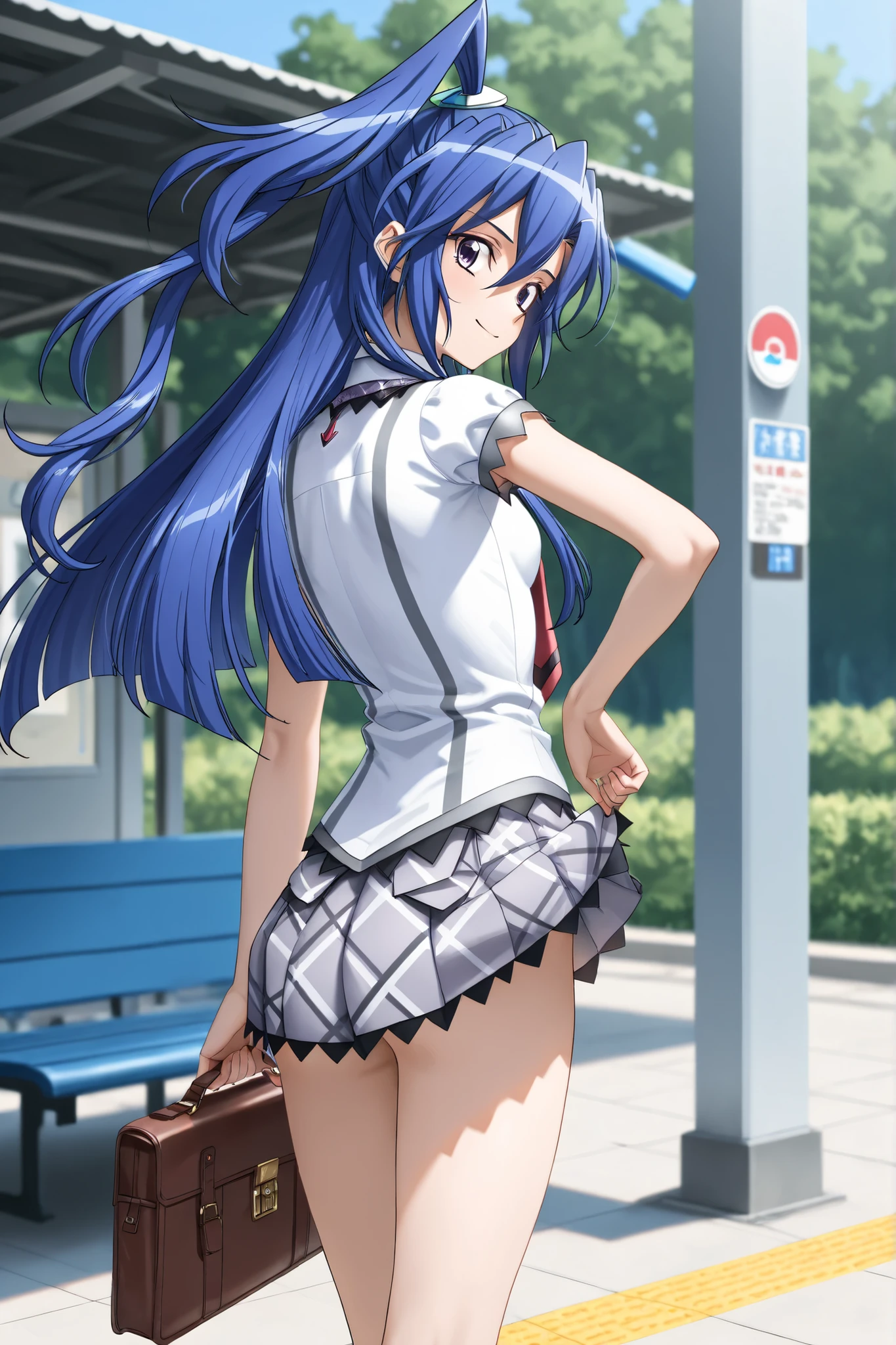smile,solo,Station platform, outdoors 、symphogear,kazanari tsubasa,Shining Contours、Outdoor、standing pose、cute、Back view、Looking Back、school_uniform, shirt, short_sleeves, pleated_skirt, red_necktie,holding a skirt、holding nothing