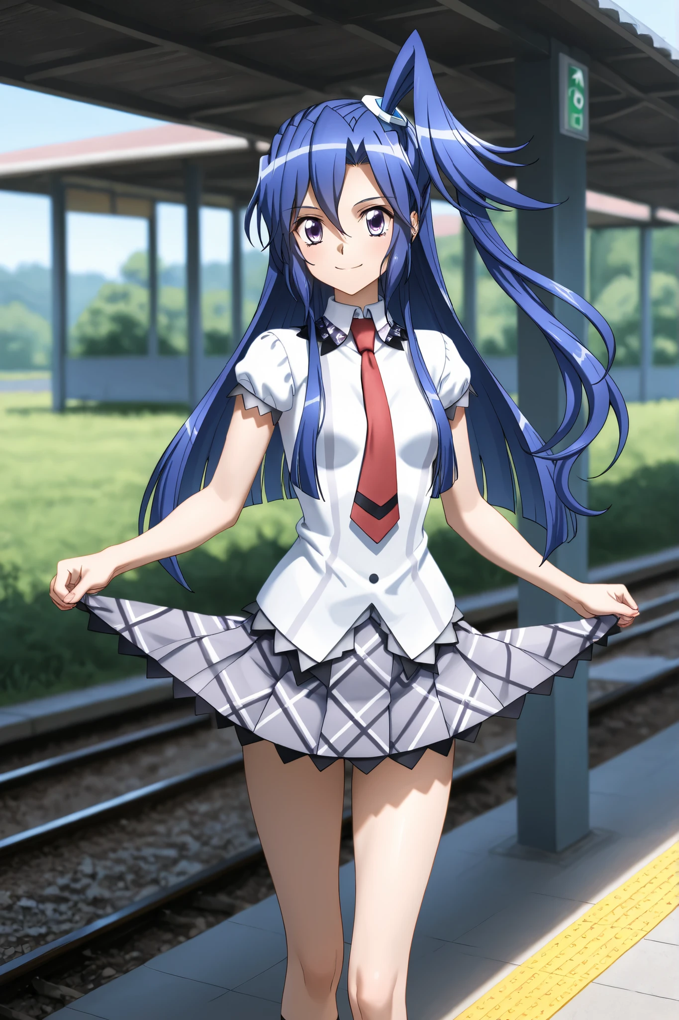 smile,solo,Station platform, outdoors 、symphogear,kazanari tsubasa,Shining Contours、Outdoor、standing pose、cute、Back view、Looking Back、school_uniform, shirt, short_sleeves, pleated_skirt, red_necktie,holding a skirt、holding nothing