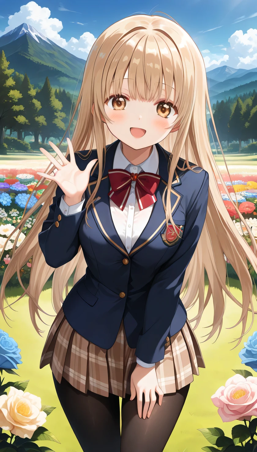 {{{masterpiece}}}, (best quality:1.5), (ultra-detailed:1.5), {illustration}, {{an extremely delicate and beautiful}}, (beautiful detailed eyes:1.6), absurdres, highres, extremely detailed face, 16k, hd, visual anime de uma jovem mulher, extremamente bonito rosto de anime, anime melhor garota, (perfect hands, perfect anatomy), (five fingers:1.1), anime face, Shiina Mahiru(The Angel Next Door Spoils Me Rotten), mahiru shiina, 1girl, solo, cute face, very long hair, Blonde Hair, bangs, sidelocks, flushed cheeks, square face, pointed chin, multicolored eyes, brown eyes, yellow eyes, (High resolution eyes, Beautiful eyes, Light in the eyes), big eyes, Slender, medium breasts, big hips, curvaceous, BREAK, red bowtie, (blue jacket:1.1), close jacket, blazer, long sleeves, white shirt, pleated skirt, plaid skirt, brown skirt, (black pantyhose:1.3), thighs,, BREAK, smiling, looking at viewer, open mouth, flushed cheeks, flash effect, outdoor, mountain, daytime, forest, flower garden, field, sunshine, peer in from below