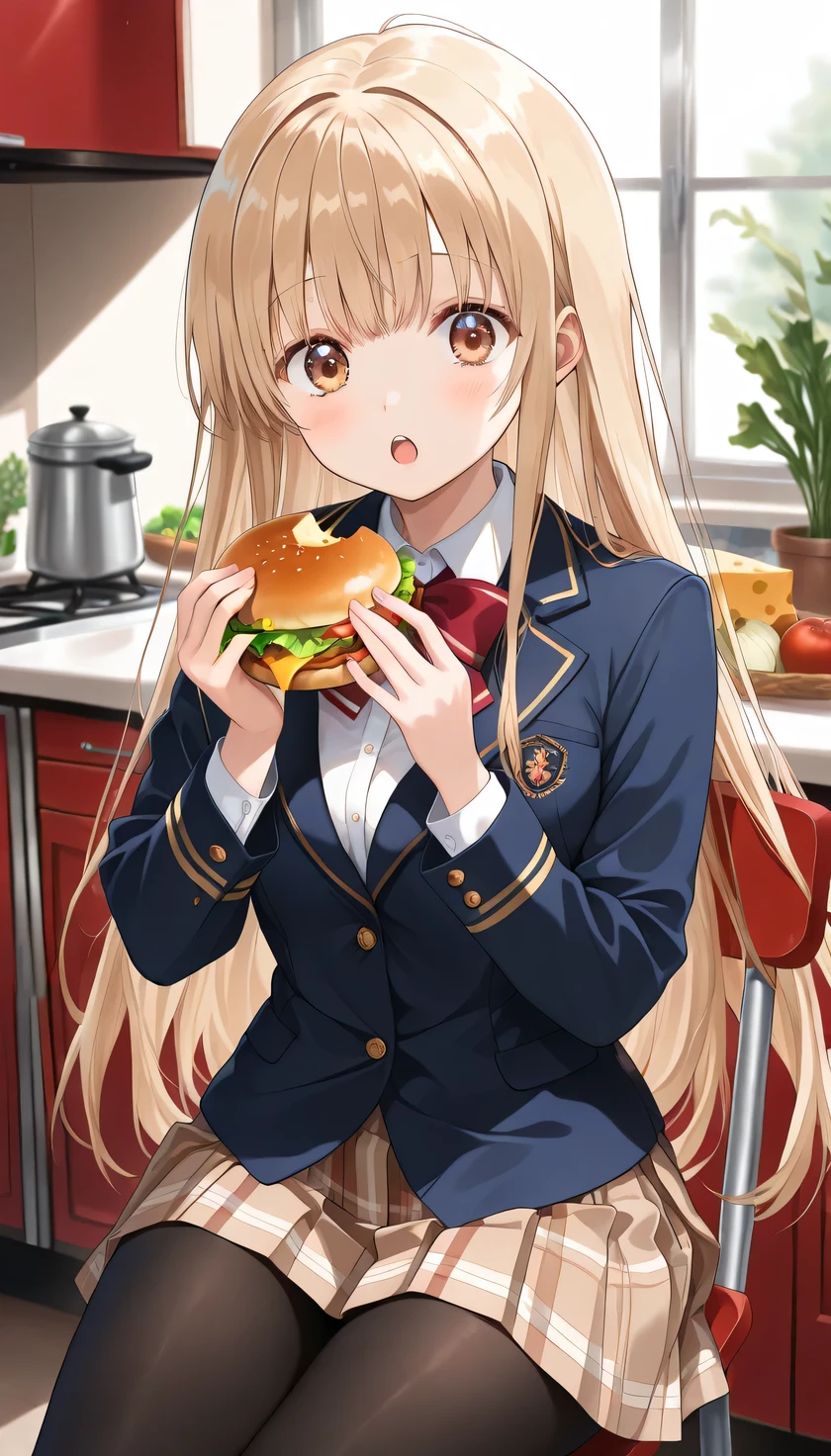 {{{masterpiece}}}, (best quality:1.5), (ultra-detailed:1.5), {illustration}, {{an extremely delicate and beautiful}}, (beautiful detailed eyes:1.6), absurdres, highres, extremely detailed face, 16k, hd, visual anime de uma jovem mulher, extremamente bonito rosto de anime, anime melhor garota, (perfect hands, perfect anatomy), (five fingers:1.1), anime face, Shiina Mahiru(The Angel Next Door Spoils Me Rotten), mahiru shiina, 1girl, solo, cute face, very long hair, Blonde Hair, bangs, sidelocks, flushed cheeks, square face, pointed chin, multicolored eyes, brown eyes, yellow eyes, (High resolution eyes, Beautiful eyes, Light in the eyes), big eyes, Slender, medium breasts, big hips, curvaceous, BREAK, red bowtie, (blue jacket:1.1), close jacket, blazer, long sleeves, white shirt, pleated skirt, plaid skirt, brown skirt, (black pantyhose:1.3), thighs, BREAK, indoors, kitchen, 1girl, solo, Hamburger(lettuce, tomatoes, onion, cheese), eating, open mouth, holding food, looking at viewer, chair, potted plant, upper body, sitting, teeth, :o, hands up, upper teeth, wide-eyed, blurry background, close-up