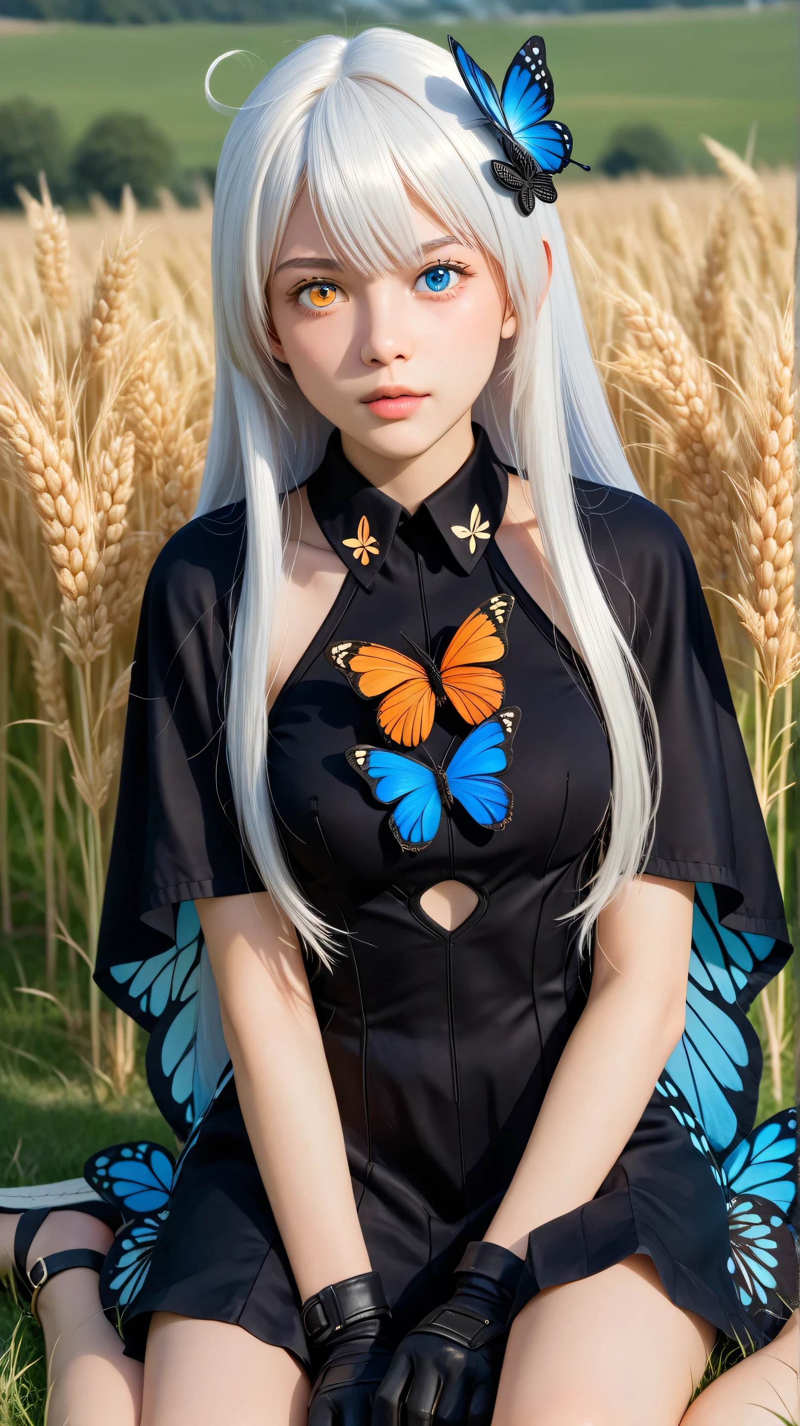 1girl, solo,kiana kaslana void drifter,white hair,long hair,outdoors,potrait,medium breast,heterochromia eyes,(front view:1.4),looking at viewer, potrait,close up,(teen girl:1.5),(butterfly dress:1.5),(sitting on grass wheat field:1.5),hair ornament,(black glove:1.4),cloak