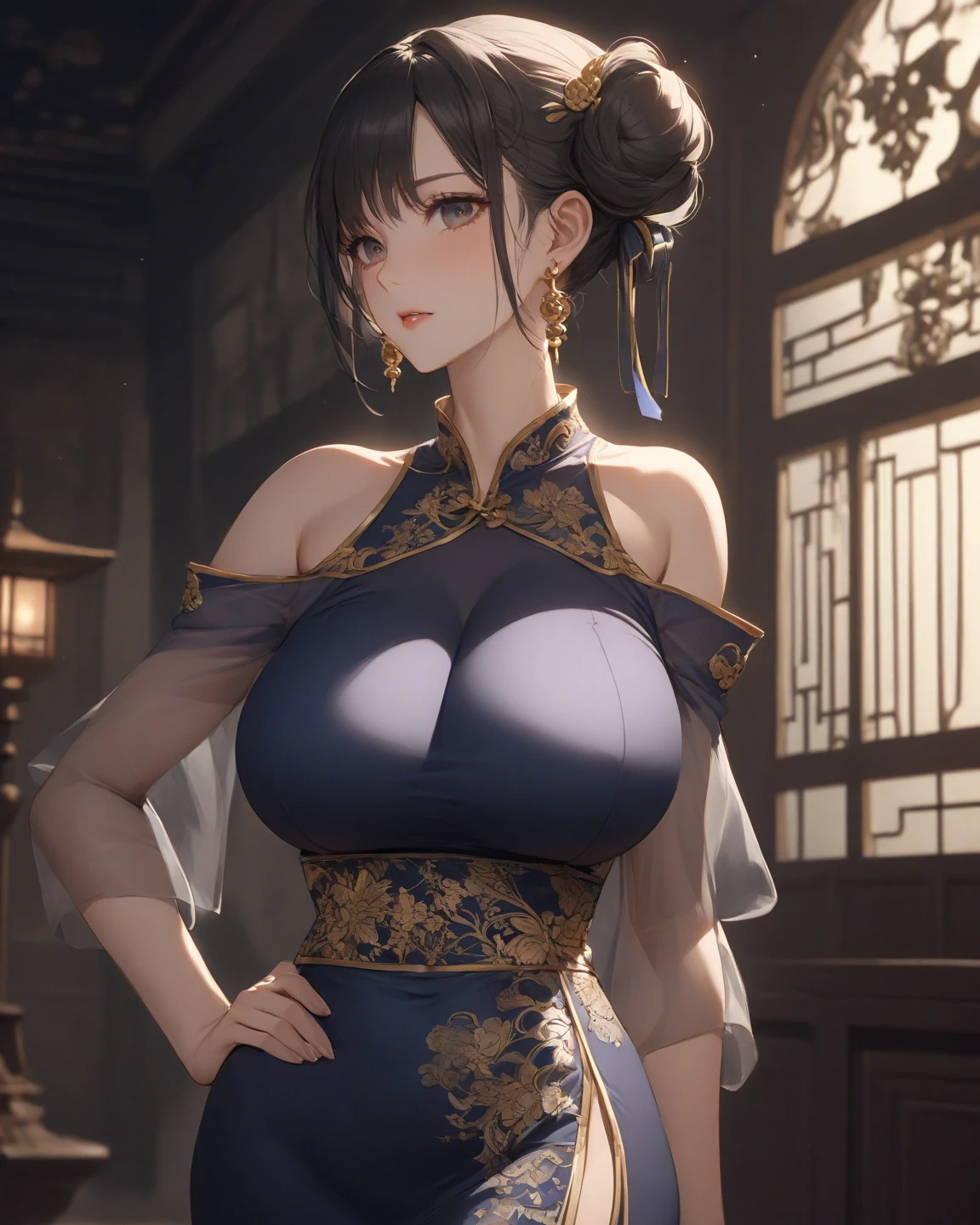 最high quality、best image quality、masterpiece、Curvaceous yet slim body、((????? up:1.8))perfect eyes, perfect face,The exact number of fingers、Exact number of legs、The exact number of armatures((Bust size 170 , beautiful blue eyes、((1 adult female:1.8))、???????????、beautiful ???????、beautiful ???????????(????? ???????:1)、???? look、???????????,、((dark brown short hair:1.8,inward curl hair:1.8）)、??????????? cleavage、((Dark Blue Cheongsam:1.5、golden embroidery))、show your whole body、black wristband on wrist、Golden Necklace、red face、Slippery texture)）high quality、beautiful art、With background((bed)))table top、visual art、Depth of written boundary、One earring in each ear、navy blue headband、Golden Necklace