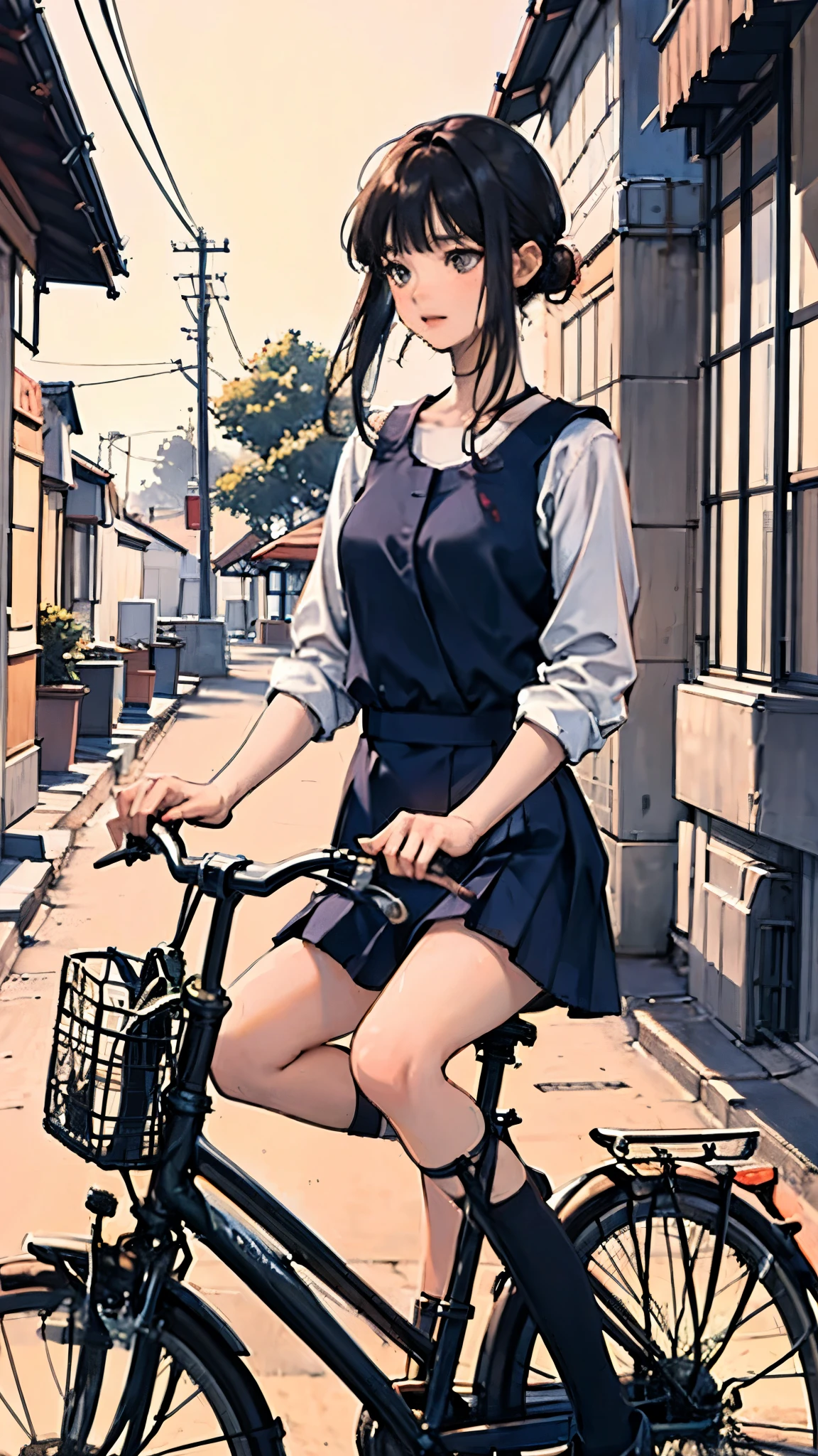 anime illustration, a boy riding a bicycle alone through a quiet alley at sunset, warm golden light casting long shadows, gentle wind, nostalgic and melancholic atmosphere, cinematic framing, soft tones, highly detailed, dreamy lighting