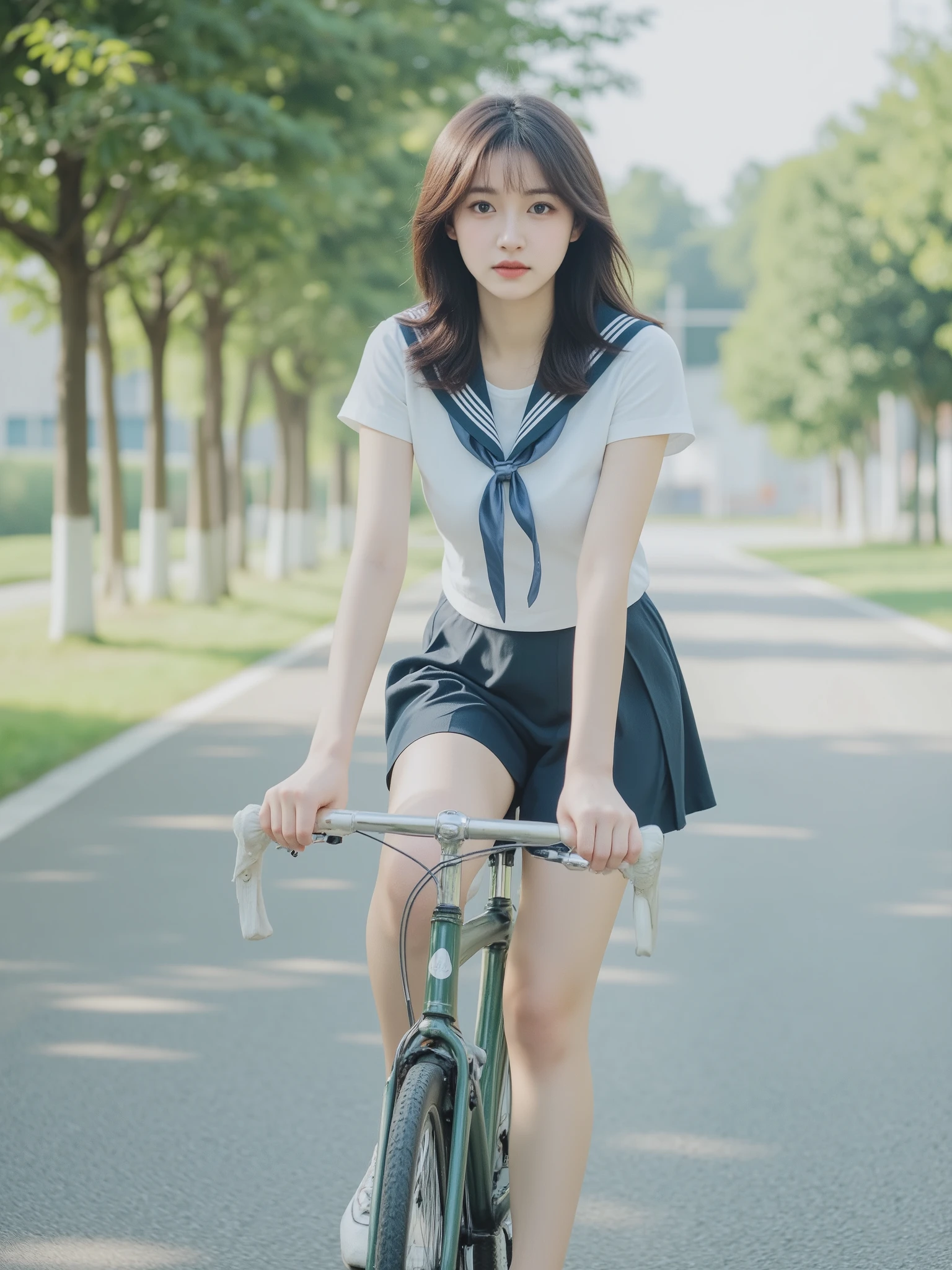 sailor suit,serafuku,japanese school uniform,sailorfuku,little girl riding a bicycle in uniform, pleated mini skirt, white sneakers, High Quality, Portrait, character art, delicate skin, bright expression, Sturdy bicycle pose, soft light, natural background, Nostalgic Atmosphere, Fine texture, 4k rendering, HDR, Realistic, Delicate Colors,  main visual 