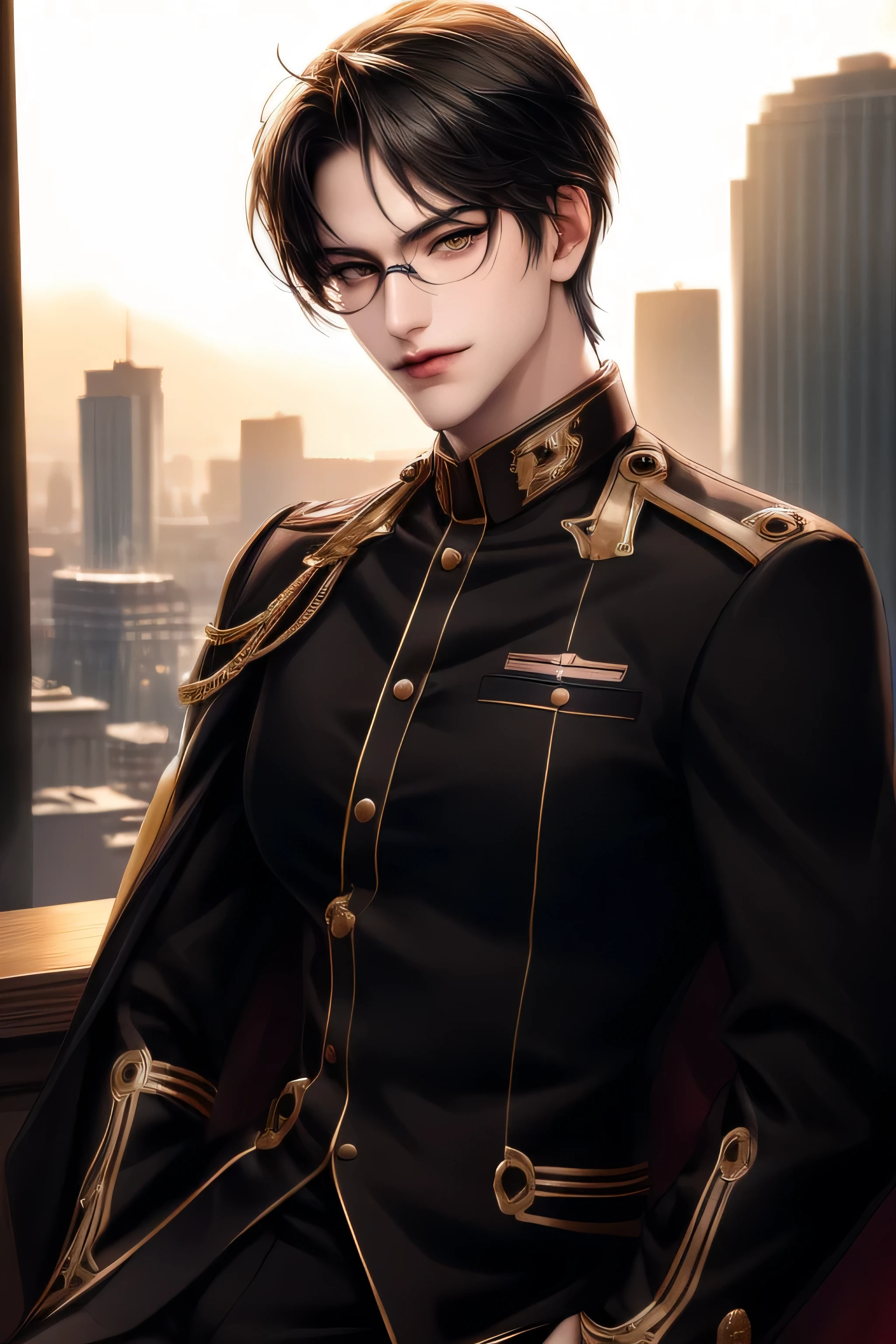 (masterpiece,best quality,ultra_detailed,highres,absurdres) (detailed shadow) (quality light),1 mature male, 21 years old, korean male focus, solo, mid-length black hair, (yellow eyes), city background, full body, looking at viewer, parted lips, round eyewear, ((wearing military uniform with gold trim)), black shirt, black pants, (wearing thin glasses), showing a bit of muscles, smirk smile face.