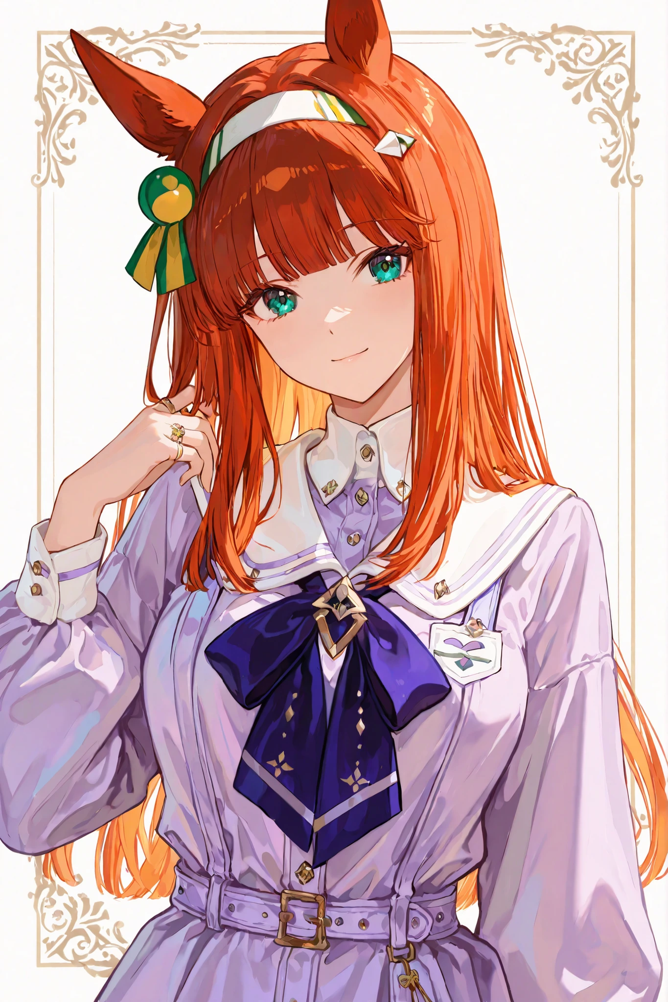 The image features a Suzuka character animated with, smooth orange-toned red hair adorned with a headband. focusing exclusively on the character and their distinct design elements {x} The headband includes a decorative element that recalls green horse ears, with a small ribbon at the base. adding a touch of elegance to the simplistic, complete with white collar and blue tie. A gold ring serves as an additional accessory, adding a touch of elegance to the otherwise simplistic attire. The background is plain white , that gives full emphasis to the character, long costume highlighting the vibrant colors and details of the Silence costume. The character is dressed in a light purple outfit in the sailor style, creating a harmonious and attractive visual effect. The setting is undefined, The overall scheme Of colors combine soft pastel tones with details bold.