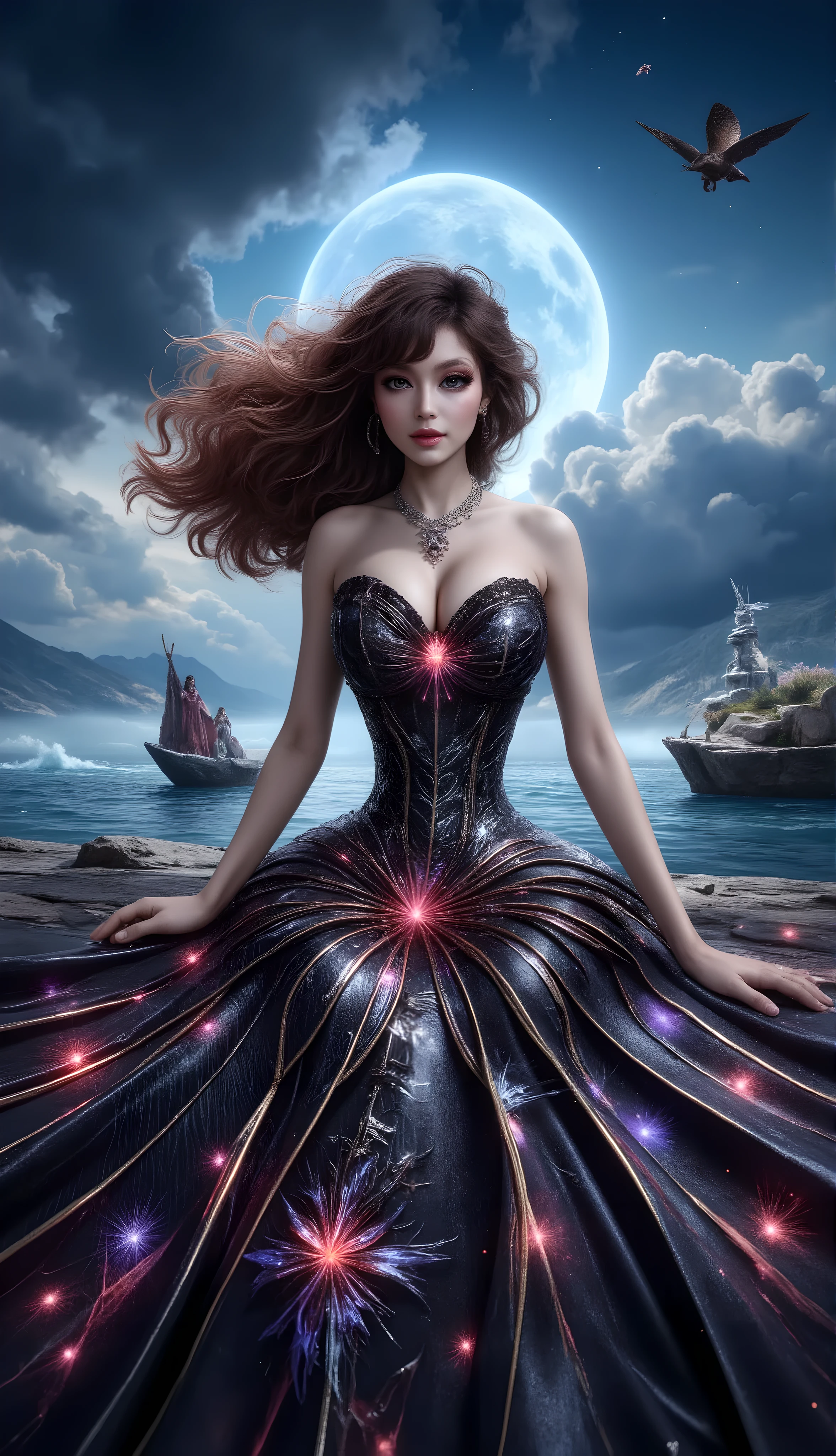 A cute girls white-skinned, blue-eyed, thin lips, Gigantic fake boobs veins, asian girls in a dress standing in front of a car, UHD, luxurious mechanism dress, ornate dress, shiny dress, sparkling dress, glossy motif dresses, elaborate fantasy dress with galaxy motif, elaborate fantasy long dress, expensive, voluminous dress, wearing a magnificent dress, fantasy dress, beautiful digital artwork, luxurious dress, beautiful fantasy empress, wearing ornate clothes, wearing a dress made of beads and carbon fiber, photo with very sharp details, best quality:1.2),,(8k,highres,RAW photo,realistic,photo-realistic:1.3),(detailed skin texture,detailed cloth texture,detailed flame texture, beautiful detailed face:1.25),professional lighting,photon mapping,beautiful soft light,radiosity,physically-based rendering,raytracing, model shoot style, model shoot style, (extremely detailed CG unity 8k wallpaper), full shot body photo of the most beautiful artwork in the world