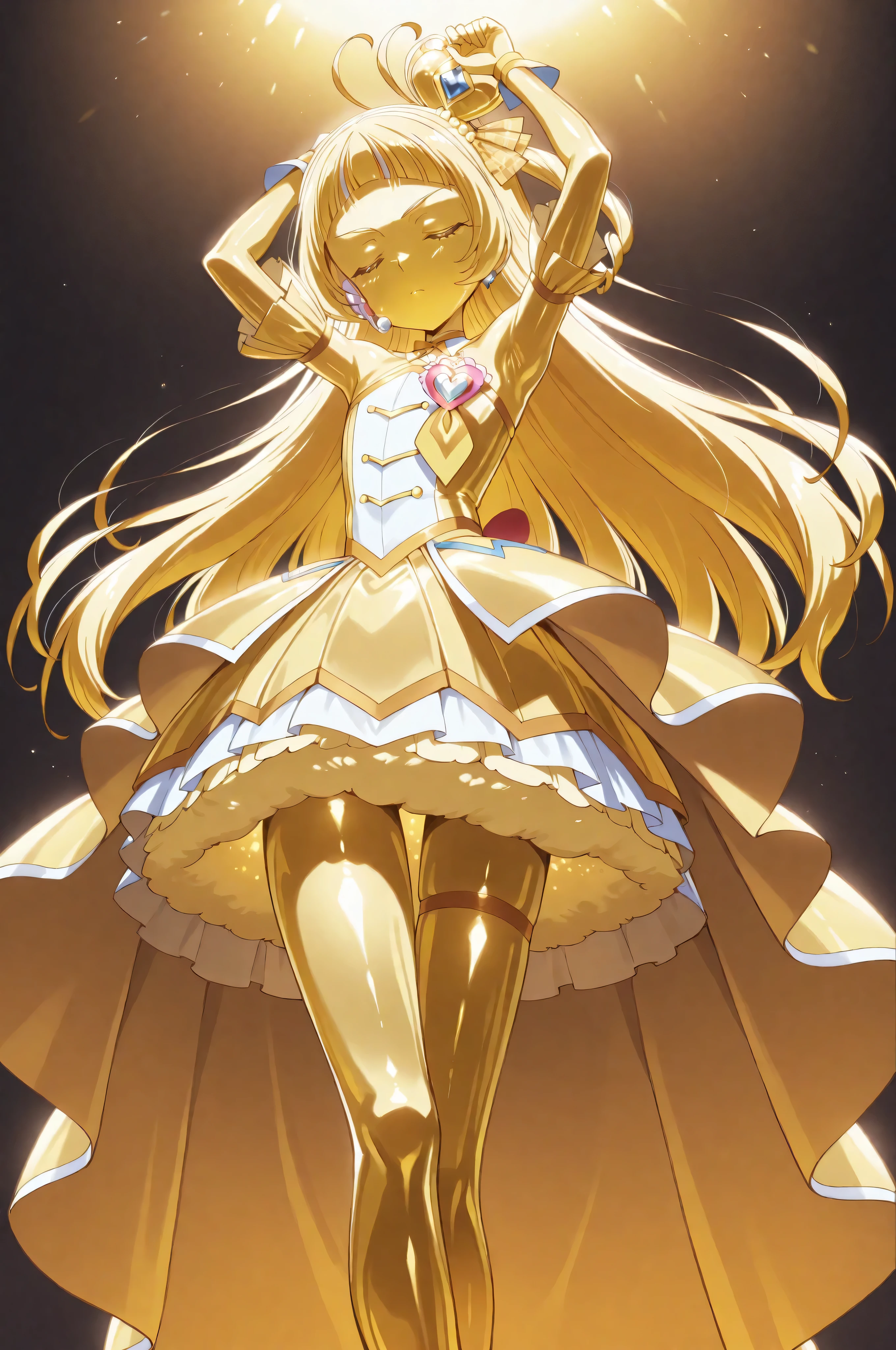 cure ink , kimi to Idol precure, golden hair, Magical Girl, mini crown, Golden Dress, Slanted Hat , very long hair, dull bangs, shoulder out, Gold_hair band, gem, Idol clothes, Idol,Gold_heart brooch, Gold_headsets,  
masterpiece, Highest Quality, Newest, very high resolution, CG, anime, source anime, [illustration],
fisheye lens, masterpiece, best quality, Newest, very high resolution, closed eyes, yellow hair, golden hands,  yellow sclera, closed mouth, No students, Yellow skin, glossy skin,  metal skin, Black eyebrows, Hanging Eyebrows, 1girl, solo, cowboy shot, is standing, dynamic, watching viewers, sleeping on the ground, Serious Expression, Black Background, is standing, Gold_long hair, Gold_Magical Girl, Gold_skirt, Hair Ornaments, Gold_gem, metallic outfit, It emphasizes the entire foot, Beautiful leg poses, I'm sleeping（1girl,solo,, no background,Full Body,), low angle view, Armpit Show Pose, My eyebrows are hanging, with both legs spread wide apart, metal face, Full Body