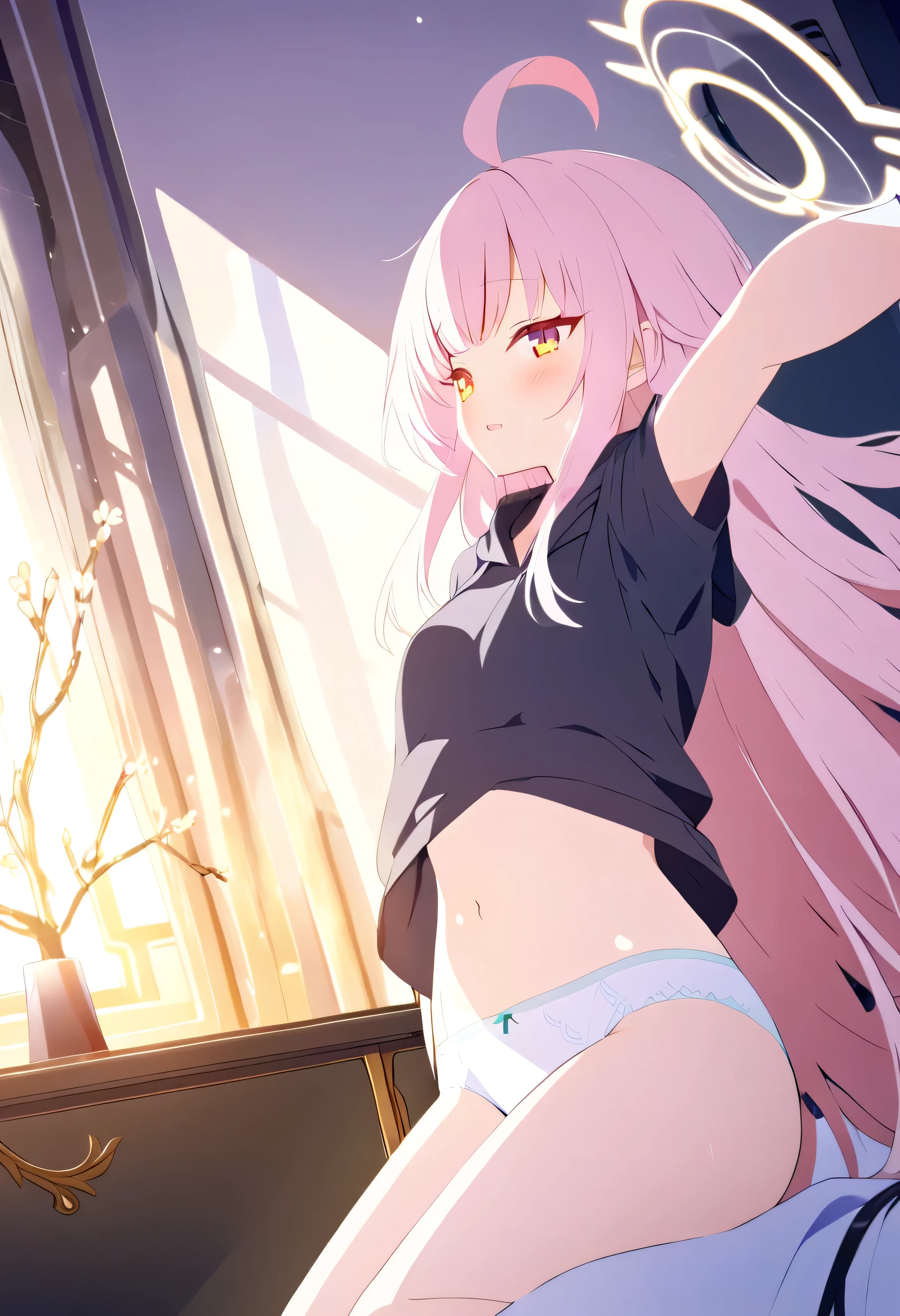 only one girl ，粉色 hair,   long hair,  （ golden eyes :1.5), (   大大的Chest  :1.2)，
underwear, Thighs,  White_underwear,underwear，  black sweatshirt ，Long_hair, Chest，when your arms are extended，You won't be able to fasten your pajamas ， Bare Belly，  close your eyes  ，  close your eyes  ， Existence_Back, in the bedroom, Hips,      bangs, crack,  Blush,push your lips forward to the bed，White socks，underwear，White socks， A circle of light surrounds your head，
 (  masterpiece after having sex:1.2),   best quality ,    high resolution  ,   unity 8k壁纸 , (illustration:0.8), ( beautiful and meticulous eyes :1.6),   Extreme Details ,   Perfect desk lighting ,   Extreme Details的CG  , ( perfect hand ),