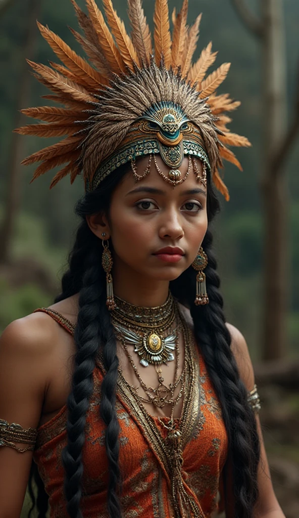 (best quality,4k,8k,highres,masterpiece:1.2),Close up Upper body shot,detailed and vibrant,(Brazilian Aztec woman),3/4 Body pose,(Bright colored feathered head dress) ancient portrait,dark and mysterious,richly colored paintings,HDR,ultra-fine details,fierce warrior,sophisticated architecture,elaborate headdresses,exotic animals,ritualistic ceremonies,bronze sculptures,breathtaking landscapes,traditional textiles,ancient ruins,mythical gods,feathered serpent deity,mesmerizing jewelry,pyramids,sculpted hieroglyphics,sacred temples,dramatic lighting,artistically carved stone,powerful symbols,royal emperors,sacred rituals,colorful murals,extravagant costumes,cultural heritage,mystical ambiance,proud heritage,legendary tales,sacrifice,abundance of gold and precious stones,spiritual beliefs,vibrant celebrations,mesoamerican civilization,alluring art forms,detailed stone carvings,divine inspiration,lush tropical vegetation,ceremonial dances,luxurious royal palaces,enigmatic artifacts,historical legacy-bold and confident brushstrokes,majestic and grandiose,awe-inspiring architecture.
