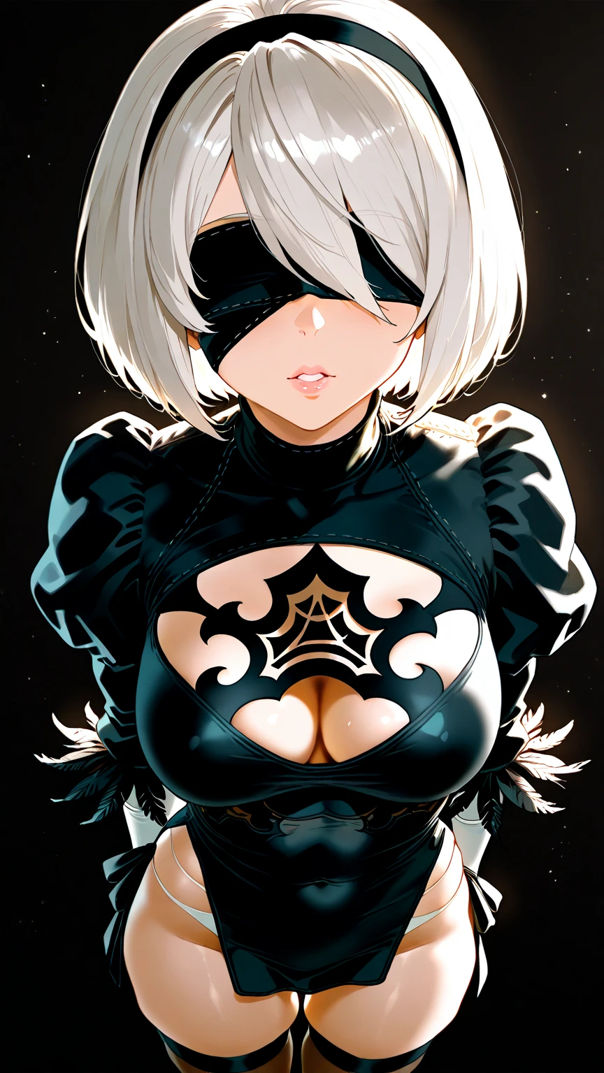 yorha no. 2 type b, 1girl, wlop, (blindfold), ???????, cleavage, cleavage cutout, clothing cutout, green background, hair between eyes, hairband, highres, juliet sleeves, long sleeves, nier (series), nier automata,  puffy sleeves, red lips, shaded face, short hair, solo, turtleneck, white hair, sky, ????????????, first-person view, crossed arms,
