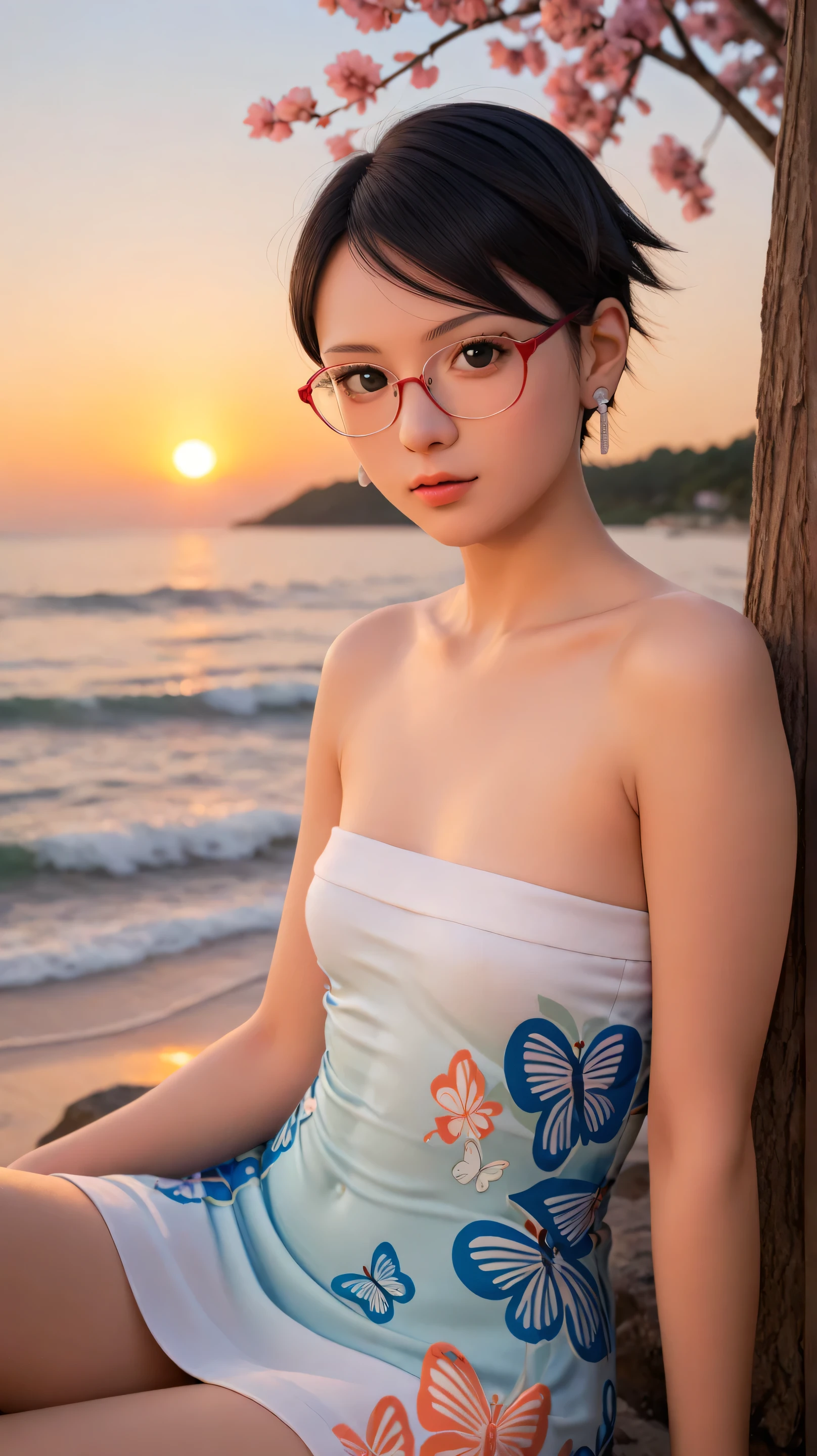 1girl, solo,sarada uchiha,black eyes,black hair,buzz-cut hair,outdoors,potrait,small breast,nature,sitting on water,navel,wear glasses,(sunset:1.5),beach, close up,earings,sunset,bare shoulders, looking at viewer, big wave,(butterfly dress:1.5),cherry blossoms tree