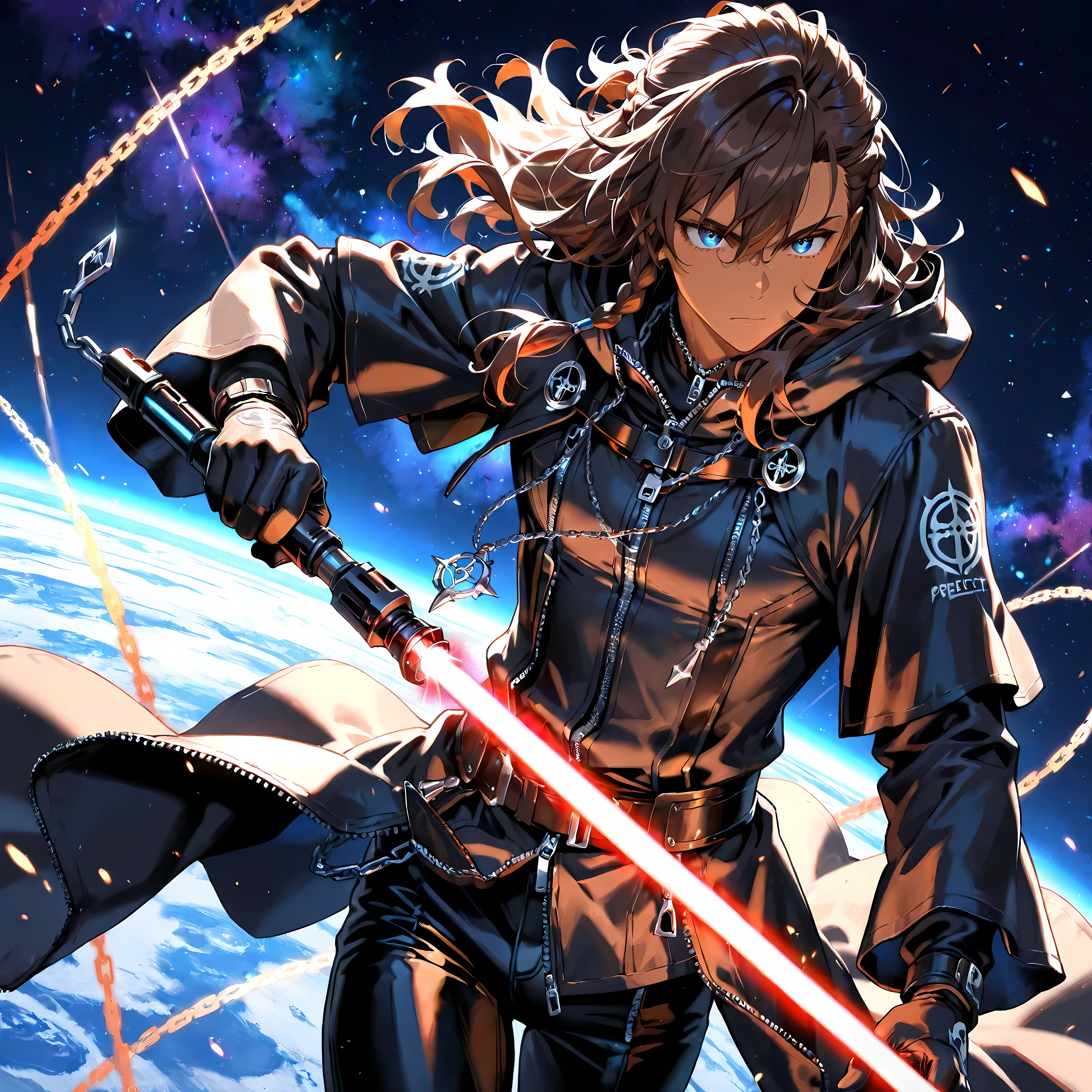 masterpiece , best quality , 1male , 18 Year Old , male focus , solo , subtle muscle , dark caramel skin , brown hair , medium wavy messy hair , side braid , tied back half updo hair , vibrant blue eyes , (perfect eyes) , serious expression , black clothing , organization 13 cloak , gloves , hood , black leather pants , long sleeves , zipper , jewelry , chain , necklace , (holding a black handle multicolored red lightsaber) , space background , perfect background , close-up
