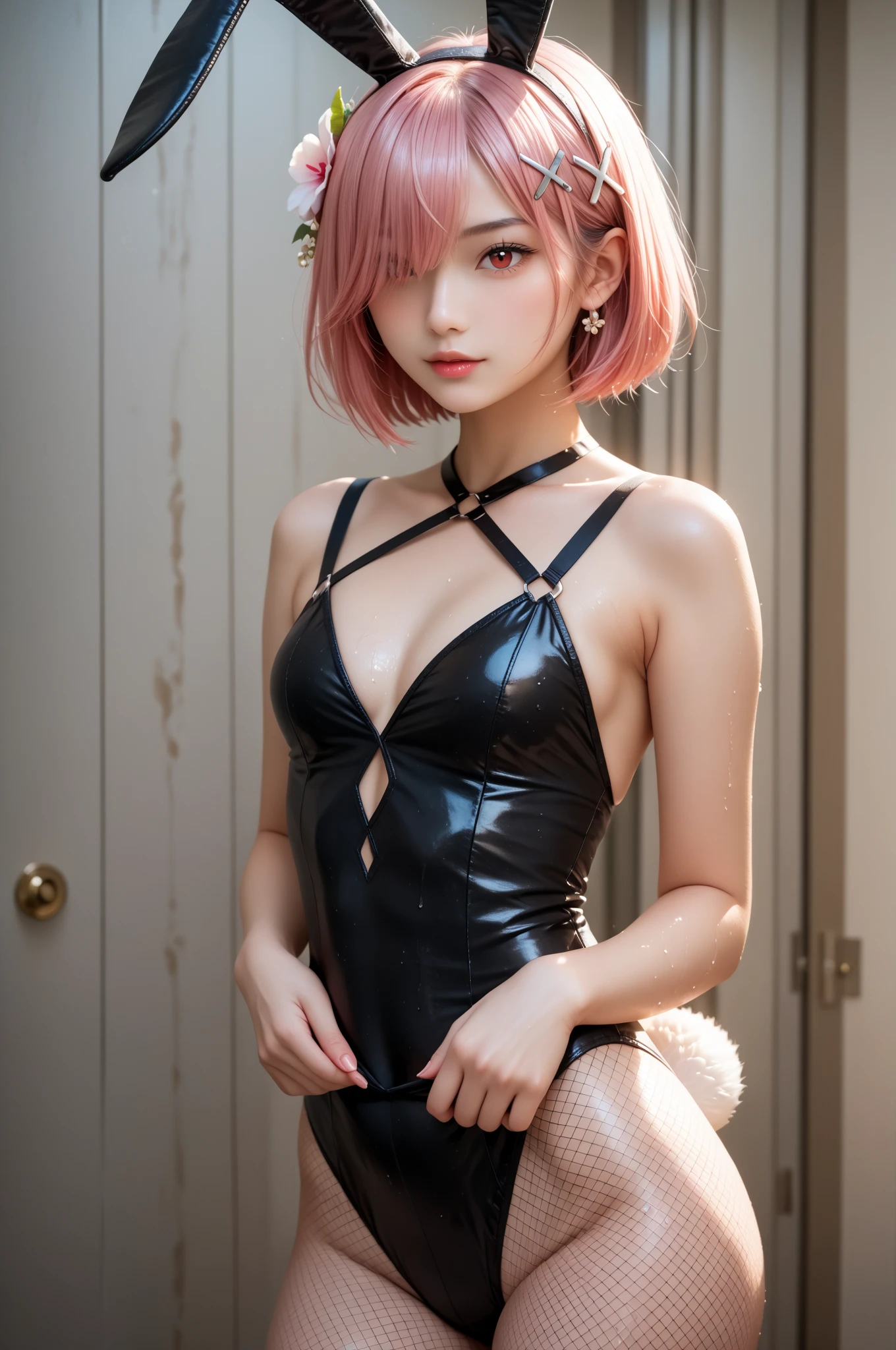 20yo woman， （masterpiece： 1.4）， （8K， reality， original photo， best quality： 1.4）， Japan， （1 girl）， beautiful face， （Real faces： 1.4）， （pink hair， short hair： 1.3）， hairstyle， Realistic blue eyes， beautiful details eyes， （reality皮肤： 1.3）， beautiful skin， Attractive， ultra high resolution， Super realistic， HD， golden ratio， （Detailed face： 1.4）， （Japan演员： estuary）， Sheer vest，粉色short hair，White透明，White，NSFW，big，big屁股强调，The   is clearly shaped，looking into camera，Sitting on the sofa，pubic shape is transparent and clear，posture（Bend your knees and ）