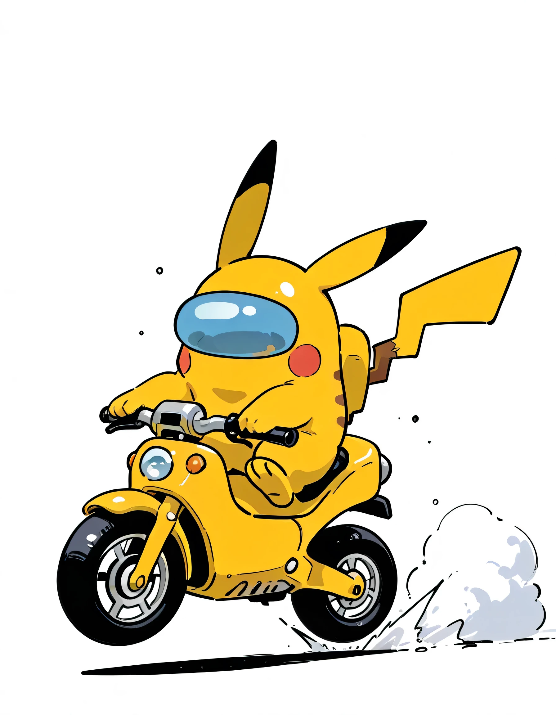 (dynamic jumping riding bike),crewmate (among us), pikachu(pokemon) style spacesuit, no humans, space helmet, full body, solo,soft lineart,flat color,comic art,