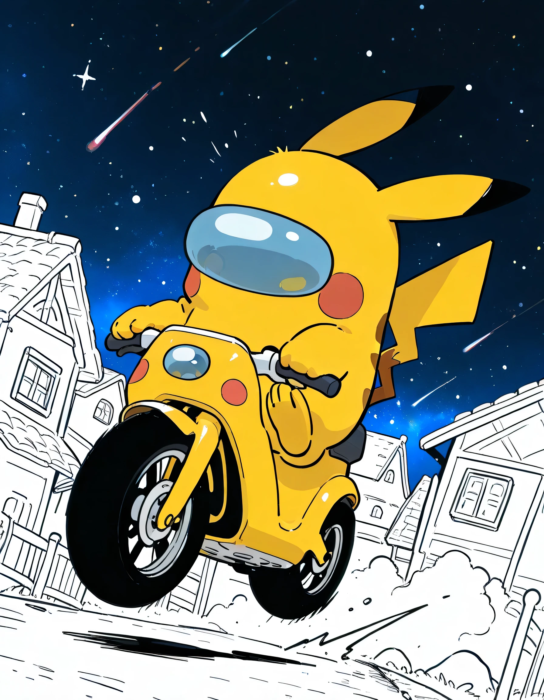 (dynamic jumping high with riding bike),crewmate (among us), pikachu(pokemon) style spacesuit, no humans, space helmet, full body, solo,soft lineart,flat color,comic art,town scene
