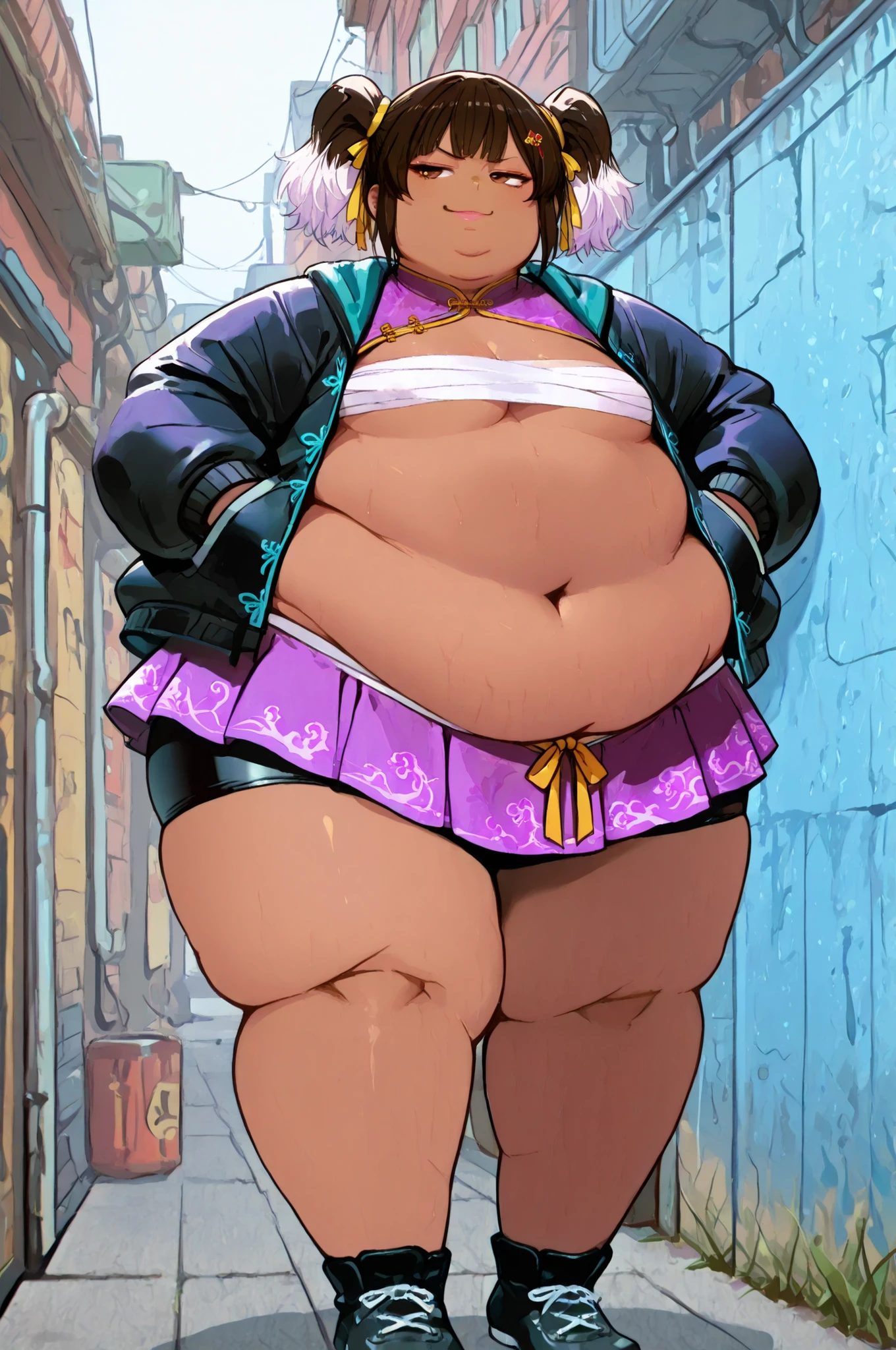 masterpiece, best quality,1girl, solo, Mei, multicolored hair, twin tails, brown eyes, lips, dark skin, Asian, shirt, long sleeves, hair ornament, ribbon, hair ribbon, open clothes, shorts, open jacket, black jacket, black shorts, Chinese clothes, short dress, bike shorts, China dress, yellow ribbon, purple dress, smug, full body, outdoors, alley,score_9, score_8_up, score_7_up, score_6_up,  purple jacket, purple pants, black footwear, coat, topless, midriff sarashi, sarashi