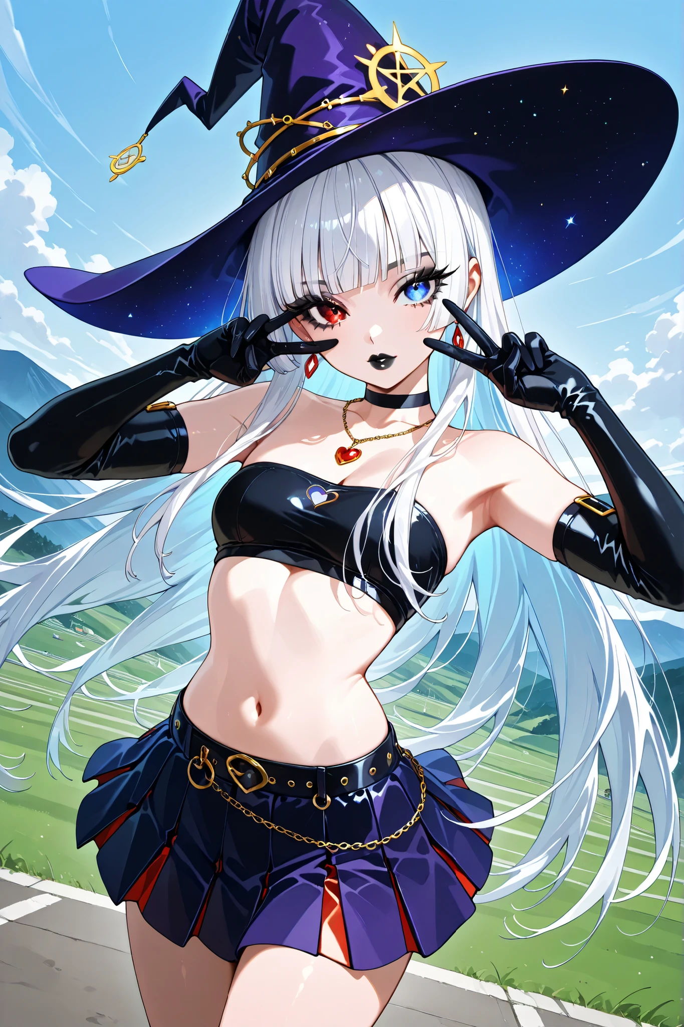 ,score_9, score_8_up, score_7_up, score_6_up,
1girl, teen girl, highschool girl, sexy witch outfit, pretty black tube top with violet accents and heart connector in the middle, blue pleaded micro skirt, necklace, white hair, hime-cut hair, straight hair, long hair, heterochromia, (red left eye, blue right eye), thick lips, small, long eyelashes, wizard hat, black choker, blunt bangs, young adult, black eyeliner, earrings, black lips, grey eyeshadow, black lipstick, black gloves, navel standing, in front of a hill, cute, peace sign with hand next to eye, proud stance, outdoor background, cozy afternoon, dynamic pose, dynamic angle, angled shot, vgtsav, hand on own face,