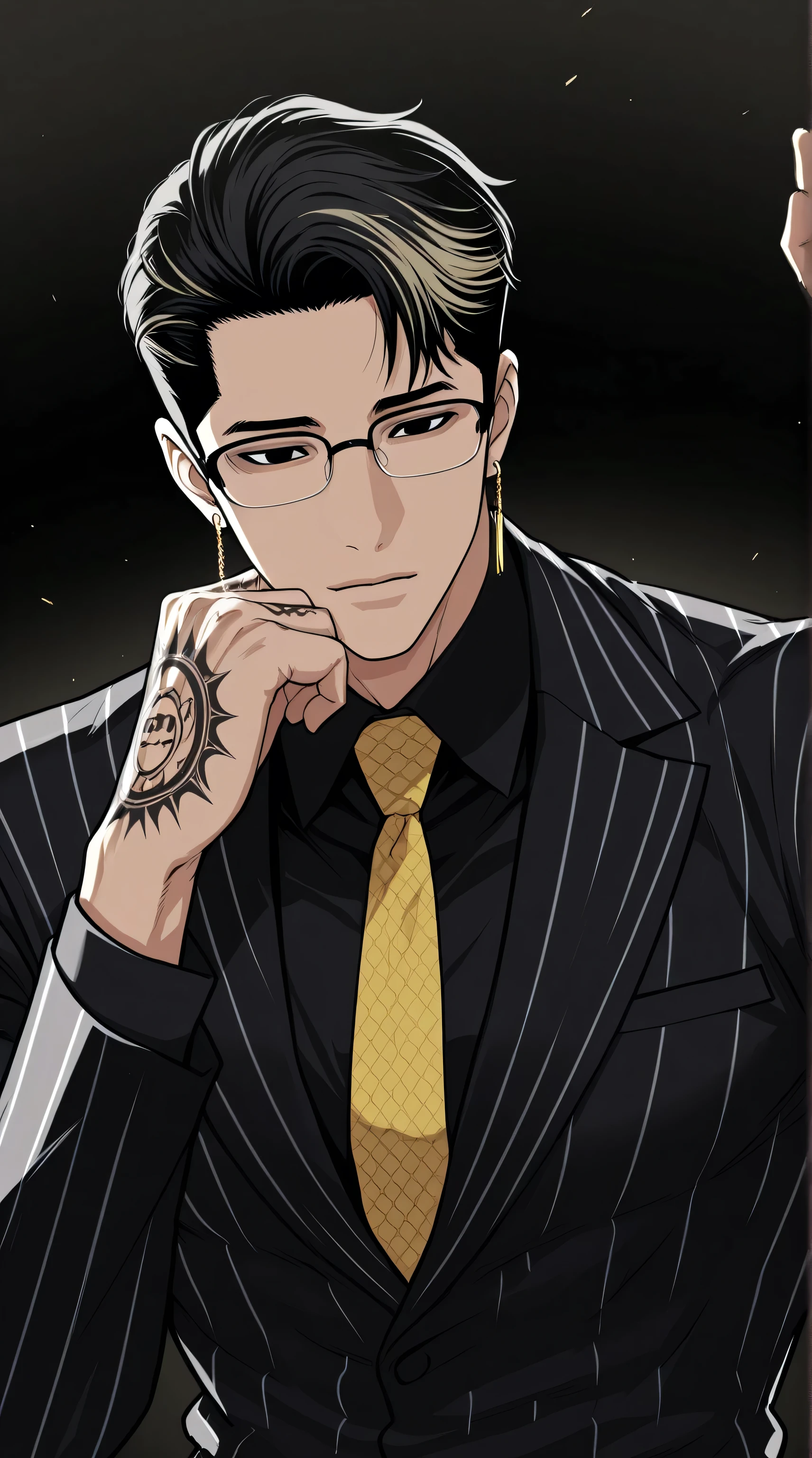 1male,solo,short hair,black and blond hair,black eyes,glasses,black pinstrip suit,yellow necktie, earring,hand tattoo,muscle,Lookism