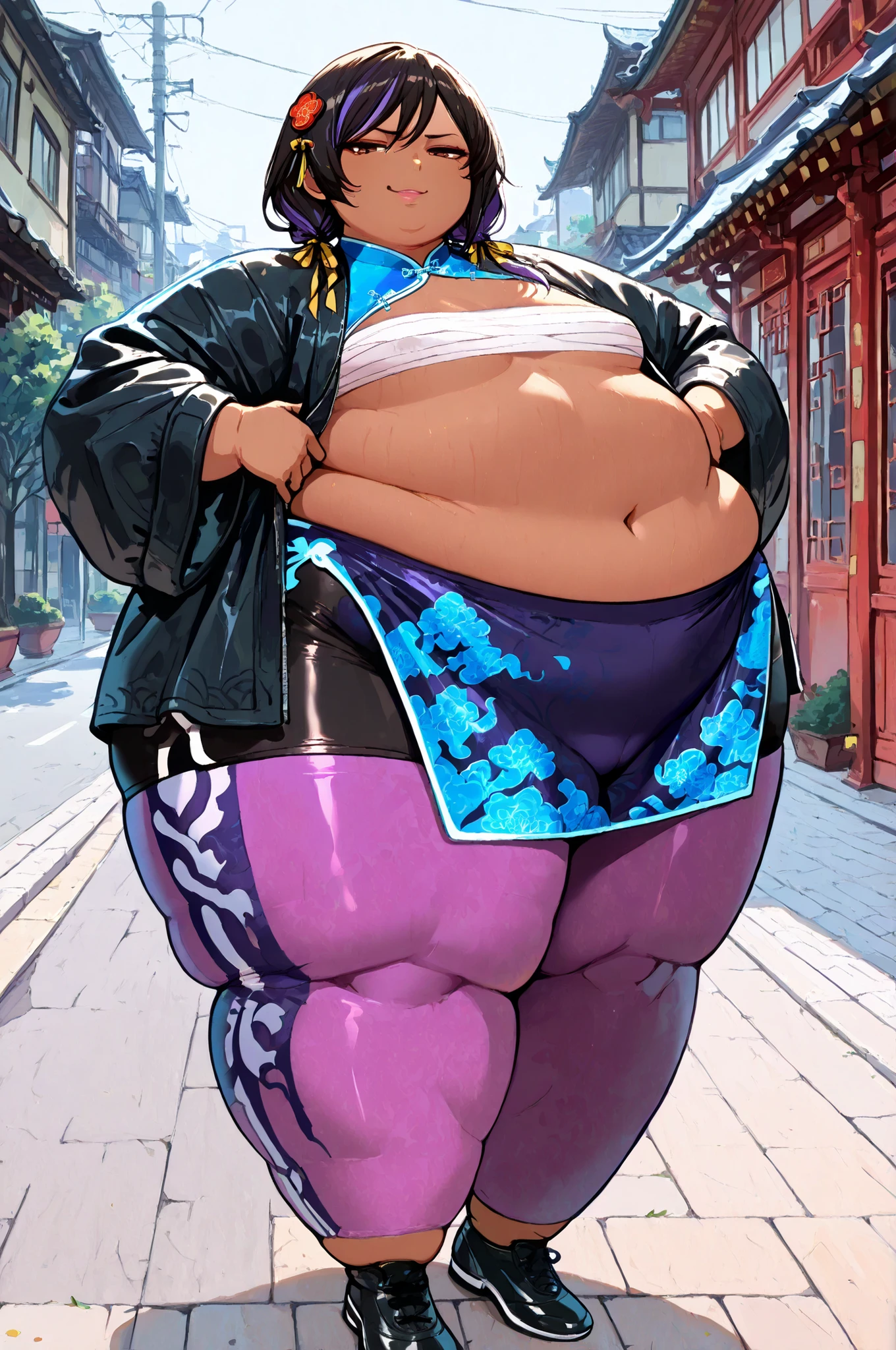 masterpiece, best quality,1girl, solo, gogo tomago, multicolored hair, twin tails, brown eyes, lips, dark skin, Asian, shirt, long sleeves, hair ornament, ribbon, hair ribbon, open clothes, shorts, open jacket, black jacket, black shorts, Chinese clothes, short dress, bike shorts, China dress, yellow ribbon, purple dress, smug, full body, outdoors, streets,score_9, score_8_up, score_7_up, score_6_up,  purple jacket, purple pants, black footwear, coat, topless, midriff sarashi, sarashi