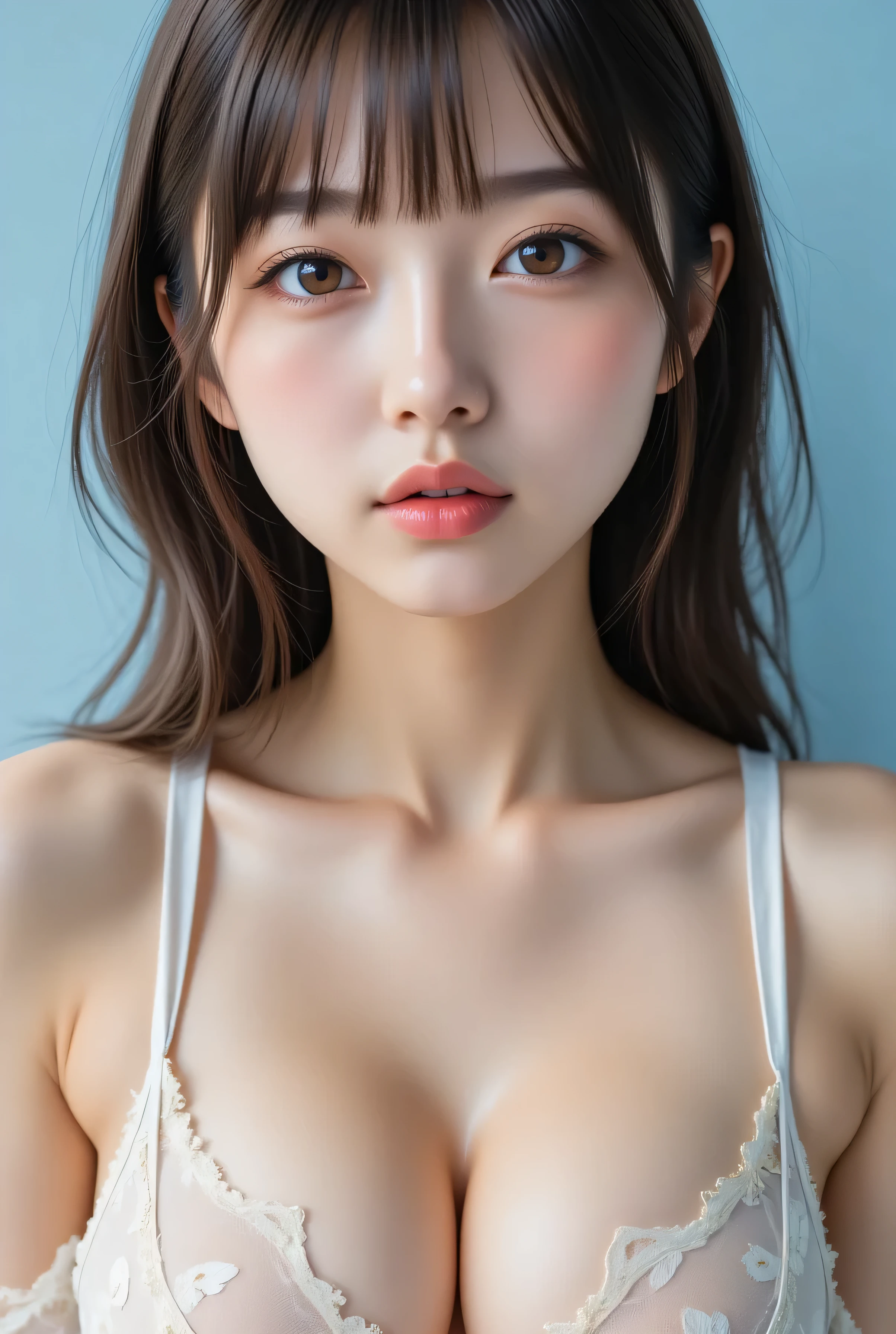 Highest Quality, Photorealistic, high resolution, sharp focus without changing clothes, masterpiece,cowboy shot,
Super Beautiful Japanese Woman, Looking like a young Dominic, An intimidating Dominatrix with a captivating gaze, condescending gaze, Glamorous, stares at the audience, small breasts, eye makeup, Lip Makeup, I applied it to my wavy hair,
translucent white bodysuit with large gold embroidery, intricately patterned tights up to the thighs,
light blue background, simple background, earthless background