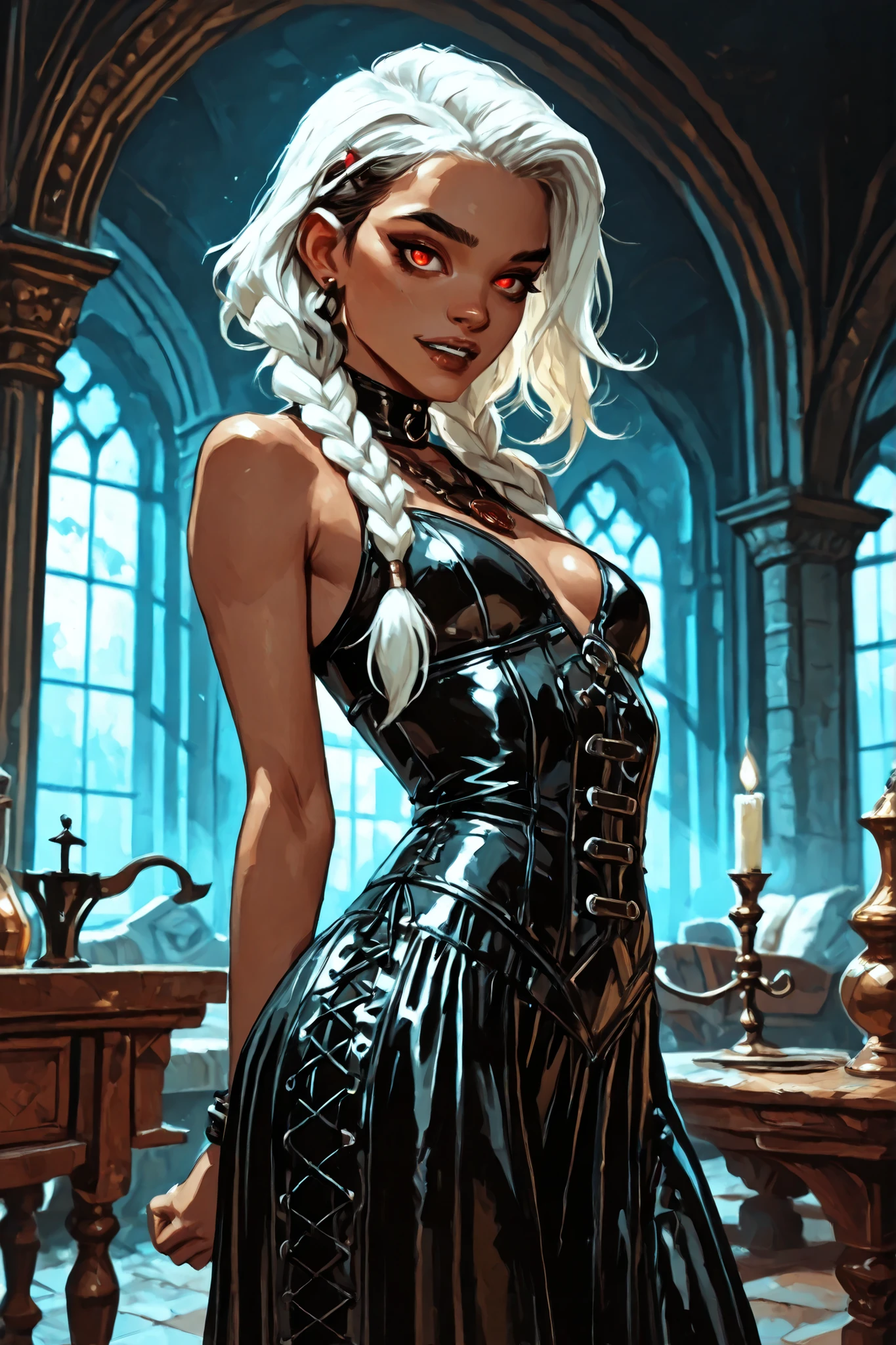 Drawn like the artist Bob Kehl. Phaedra from Fortnite with white and dark hair, deep red-coloured eyes, slanted big eyes, with sharp teeth, athletic body and abs. Slender and athletic. Cute, round and young face. White highlights in her hair. She wears Aztec black snake-leather dress with snakeskin-texture. She also wears an amber necklace. She has small . Atmospheric lighting. She looks like Wednesday Adams. Box-art. DnD-art-style, Looking at the viewer. Oil painting. Sepia filter. Less colour. Semi-realistic style. Background: medieval aztec ruin