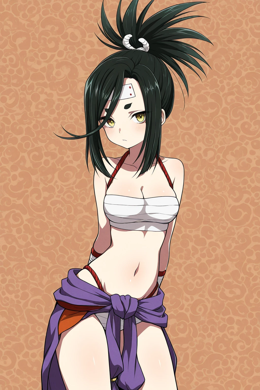 1girl shimabara yuuhi with ,
red tribal tattoo swirls spin pattern all over body,red body markings, bodypaint, full-body tattoo, body writing, red facepaint, red facial tattoo, swirl  tattoo, swirl belly tattoo,  tattoo, arm tattoo, leg tattoo, thigh tattoo, shoulder tattoo,  tattoo, tribal tattoo, tribal, black hair,nude, cluttered and detailed background, beautiful detailed background, palm tree, cloud, cloudy sky, sea, summertime on tropical beach, stone temple on island in the distance, midnight jungle, inside a private lounge,
masterpiece, very aesthetic,
<lora:shimabara_yuuhi_neo_ranga_IllustriousXL01_lora_20241002_epoch_18+12+12:0.8>