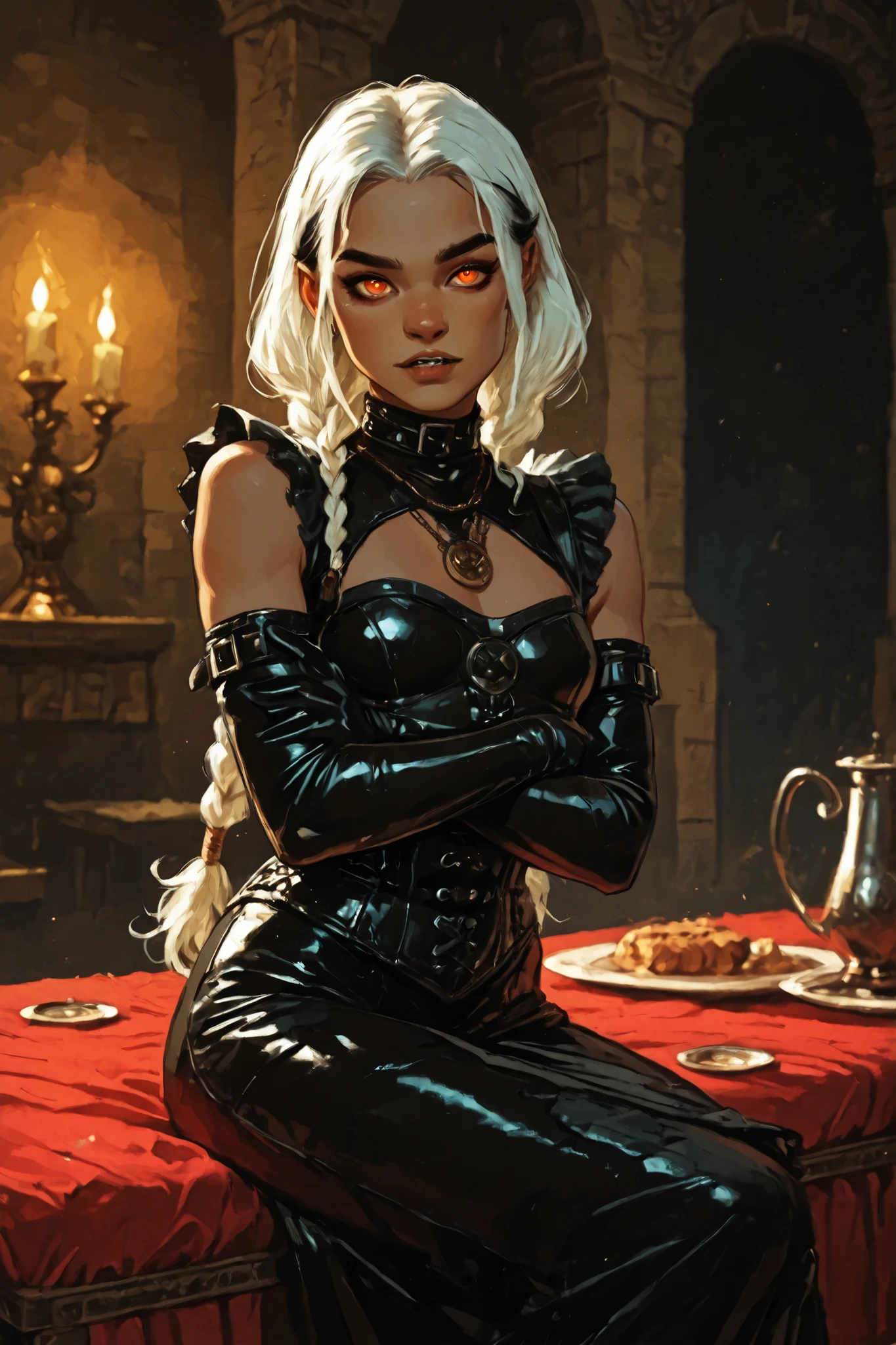 Drawn like the artist Bob Kehl. Phaedra from Fortnite with white and dark hair, deep red-coloured eyes, slanted big eyes, with sharp teeth, athletic body and abs. Slender and athletic. Cute, round and young face. White highlights in her hair. She wears Aztec black snake-leather dress with snakeskin-texture. She also wears an amber necklace. She has small . Atmospheric lighting. She looks like Wednesday Adams. Box-art. DnD-art-style, Looking at the viewer. Oil painting. Sepia filter. Less colour. Semi-realistic style. Background: medieval aztec ruin