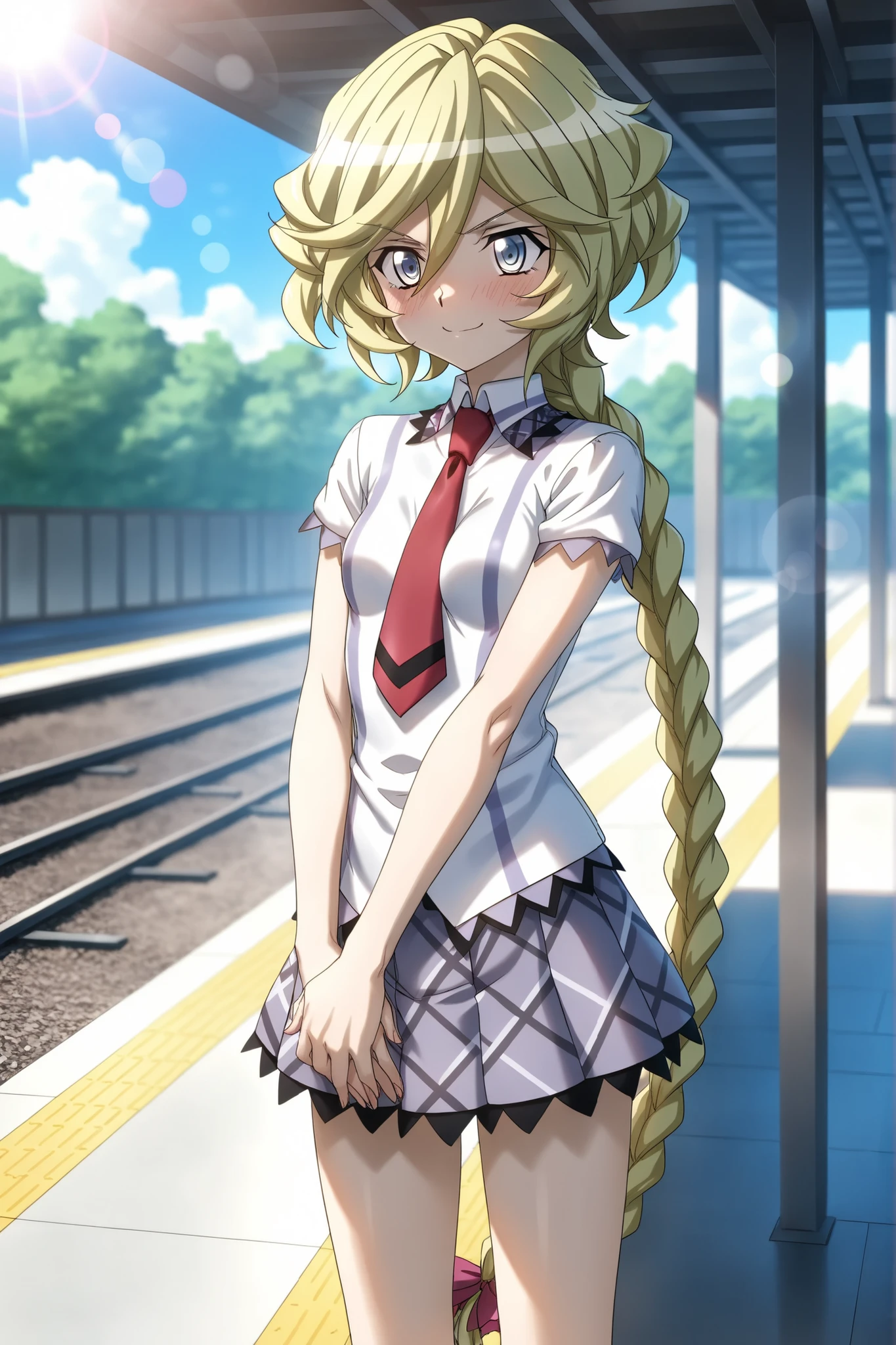 Station platform, outdoors、solo,symphogear, Carol Malus Dienheim、one long braid、Juvenile body、small breasts、,((lens flare))、A slightly embarrassed smile、Standing pose 、five fingers、、school_uniform, shirt, short_sleeves, pleated_skirt, red_necktie,