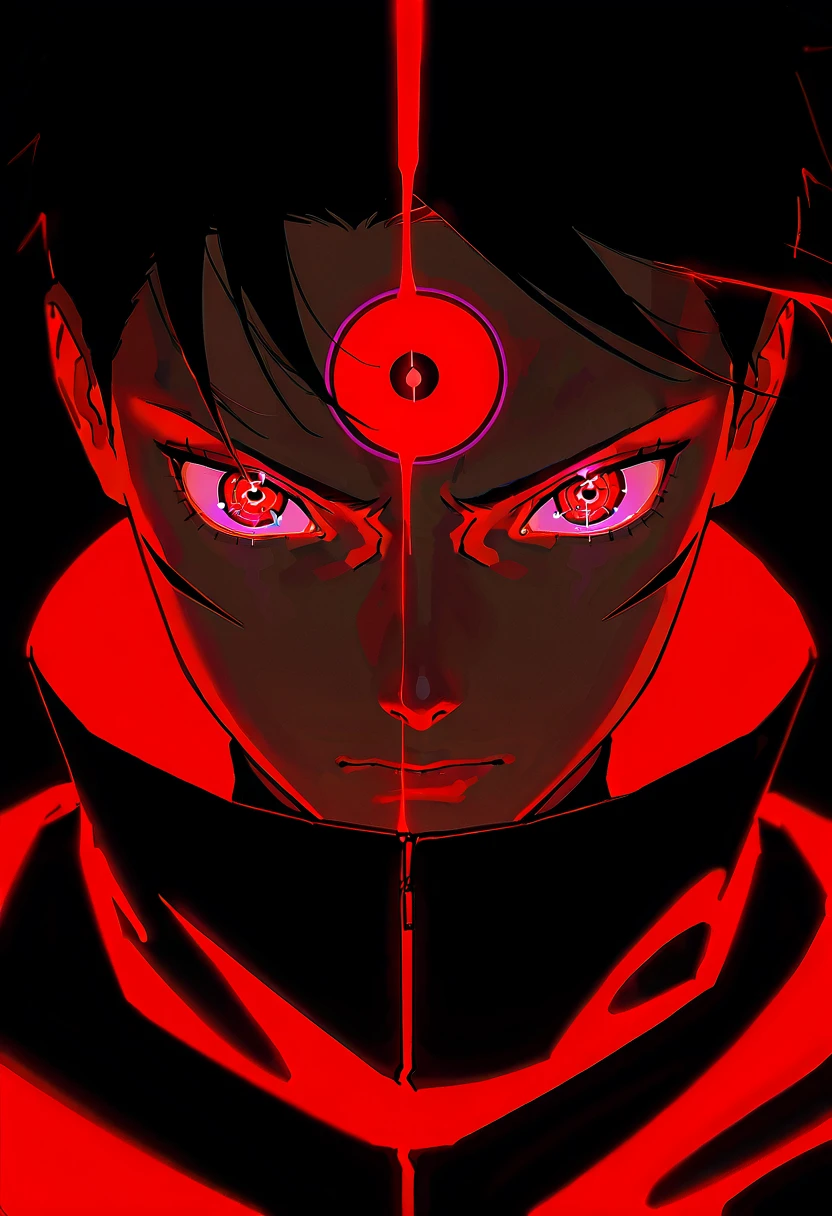 1 male, Itachi Uchiha (Naruto), black hair in military uniform, filter, masterpiece, Face focus, Red light from the eyes, dark background, Ninja costume