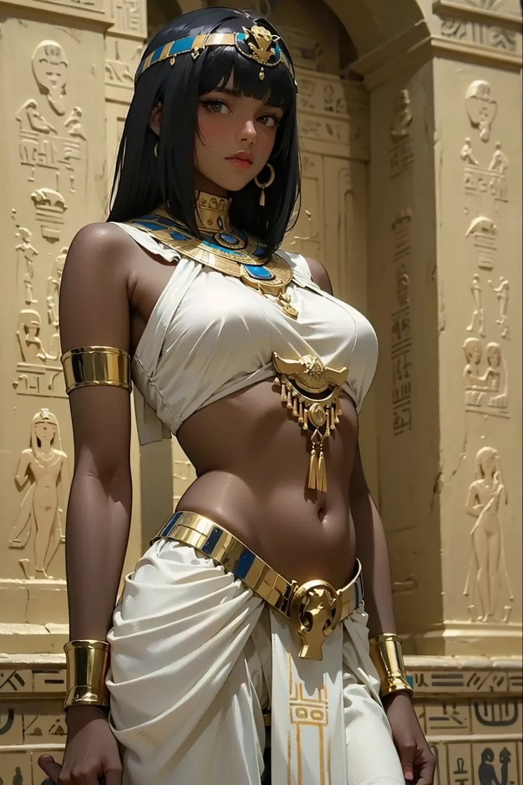 masterpiece, best quality, newest, absurdres, highres, photorealistic, realistic,
ancient egyptian, hieroglyphics, dark, dark background, abstract background,
1girl, skinny, medium breast, black hair, hime cut, yellow eyes, puffy lips, makeup, mascara, black eyeliner,
naked bandage, bandages, bandaged arm, bandaged leg, gold jewelry, usekh collar, gold bracelet, gold armlet, gold thighlet, gold headband,
sexy pose,
looking at viewer,
dutch angle, depth of field,