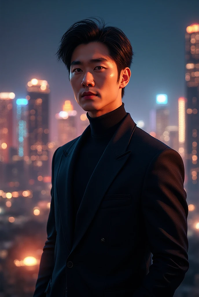 корейский актер в темной одежде на фоне ночного города