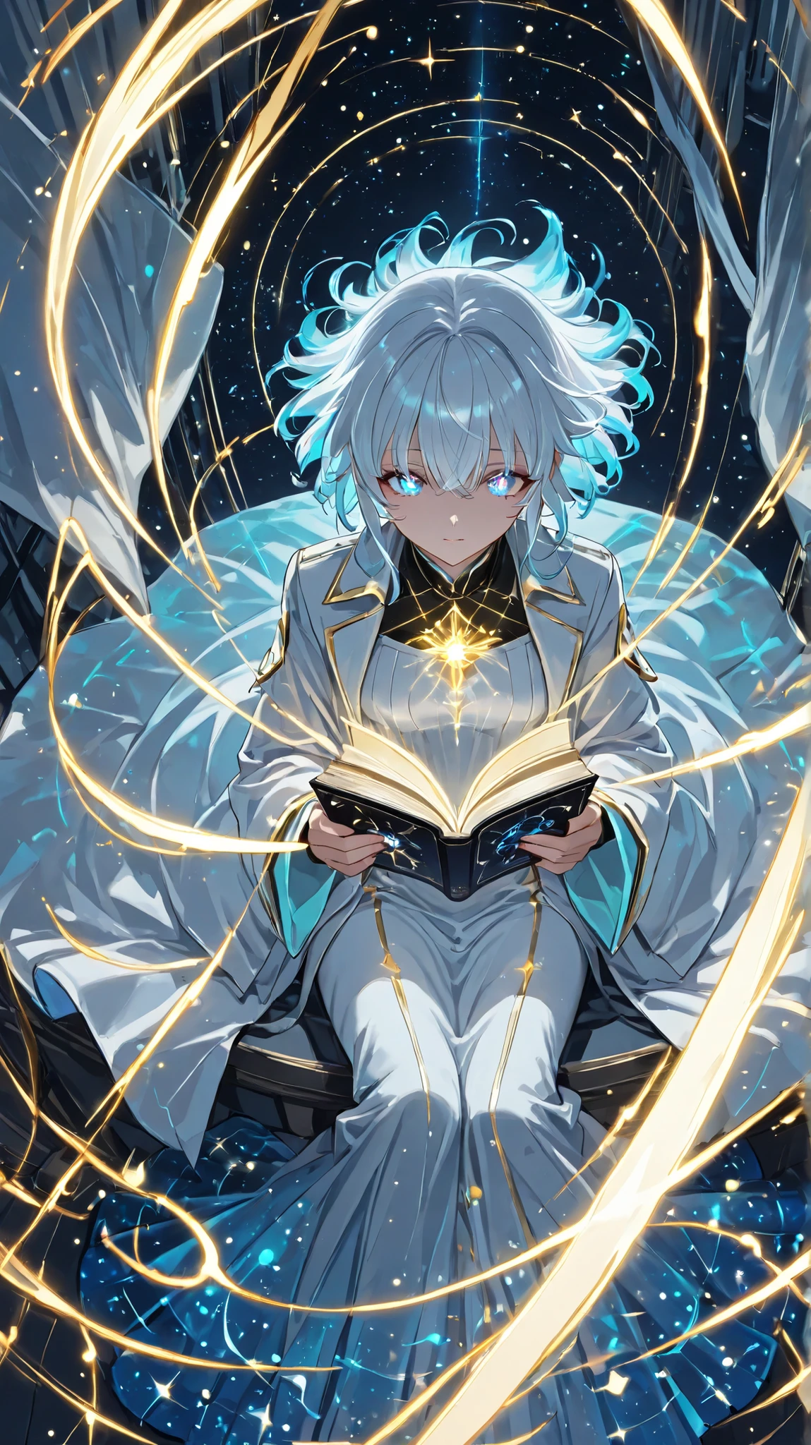 ((masterpiece,)) ((high quality,)), Highest Quality, Untreated , ultra-detailed perspective, Hire , 8k, Grimm who is mindlessly flipping through an old book=vernite, mystical androids. Grimm has a long, white hair like glass, an eerily perfect face, aurora-colored eyes that subtly display symbols and numbers. Sleek , } Cell-shaded anime-style scene featuring Grimm, They、Magical patterns subtly engraved on a uniform like a black and white coat {x} Sitting quietly in a dimly lit library filled with floating research notebooks. as if reality itself is adjusted to its existence、the air around her chest trembles. A cell-shaded anime-style scene featuring, While、with faintly glowing symbols floating close to their fingertips. The atmosphere is mysterious, evokes the sense of an observer away from time., bioluminescent dress, light magic