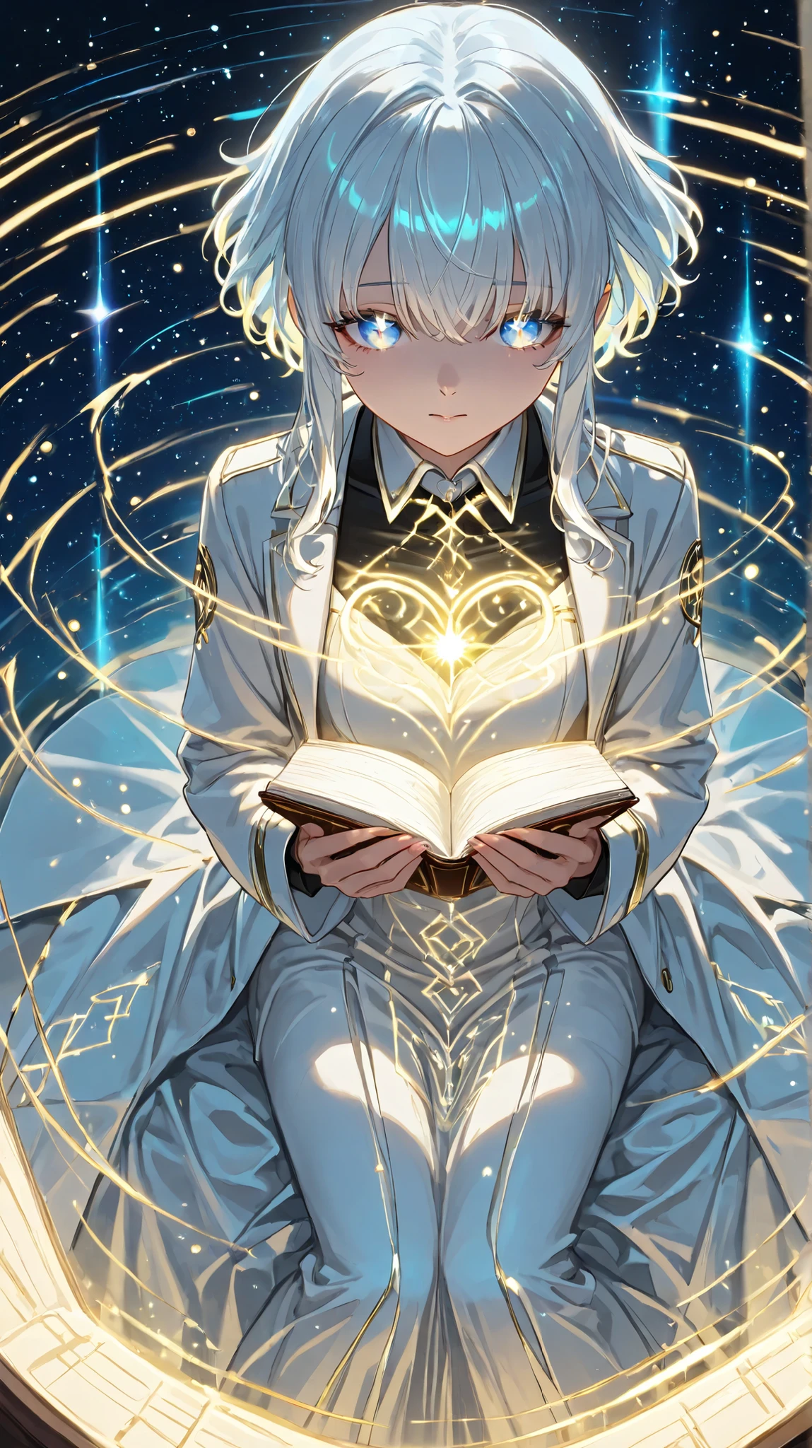 ((masterpiece,)) ((high quality,)), Highest Quality, Untreated , ultra-detailed perspective, Hire , 8k, Grimm who is mindlessly flipping through an old book=vernite, mystical androids. Grimm has a long, white hair like glass, an eerily perfect face, aurora-colored eyes that subtly display symbols and numbers. Sleek , } Cell-shaded anime-style scene featuring Grimm, They、Magical patterns subtly engraved on a uniform like a black and white coat {x} Sitting quietly in a dimly lit library filled with floating research notebooks. as if reality itself is adjusted to its existence、the air around her chest trembles. A cell-shaded anime-style scene featuring, While、with faintly glowing symbols floating close to their fingertips. The atmosphere is mysterious, evokes the sense of an observer away from time., bioluminescent dress, light magic